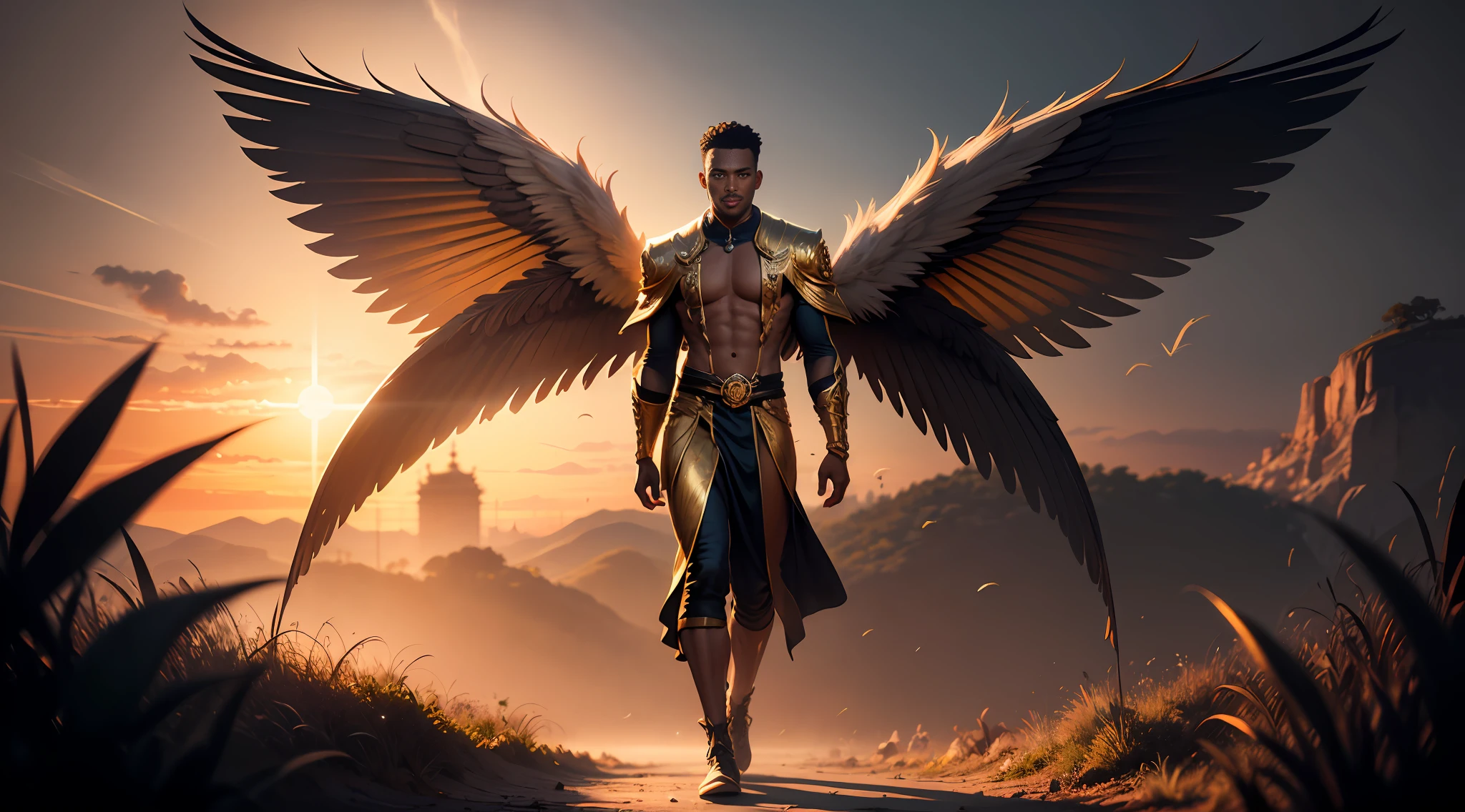 Fairy male black man with orange and gold details, large wings, vegetation blurred background, vibrant colors, lush light, soft light, sunset light, smooth light, symmetrical, full body, reflections, HDR lighting, 8k resolution, cinematic film, smooth, strobe light beams, masterpiece, full body
