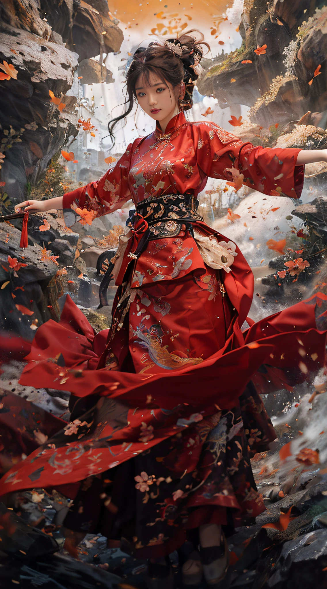 1 beautiful girl, long black hair, flowing long hair, delicate facial features, best quality, masterpiece, super high resolution, (realistic: 1.4), anime poster, 1 hand holding a big long knife, two hands, detailed gestures and correct posture, wearing kung fu master costume, waves, traditional Chinese ink style, girl dragon slayer, the main color is red, white and black ink, dynamic movement, dynamic pose, movement, whole body::1 amazing vector in oil painting environmental art movie, diorama, intricate details, solo, dress, floating_hair