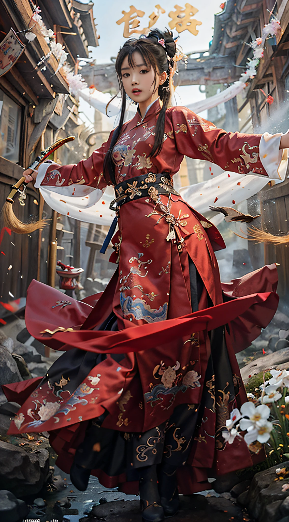 1 beautiful girl, long black hair, flowing long hair, delicate facial features, best quality, masterpiece, super high resolution, (realistic: 1.4), anime poster, 1 hand holding a big long knife, two hands, wearing kung fu master costume, waves, traditional Chinese ink style, girl dragon slayer, the main colors are red and white black ink, dynamic movement, dynamic pose, movement, whole body::1 Amazing vector in oil painting environmental art film, diorama, intricate details, solo, dress, floating_hair