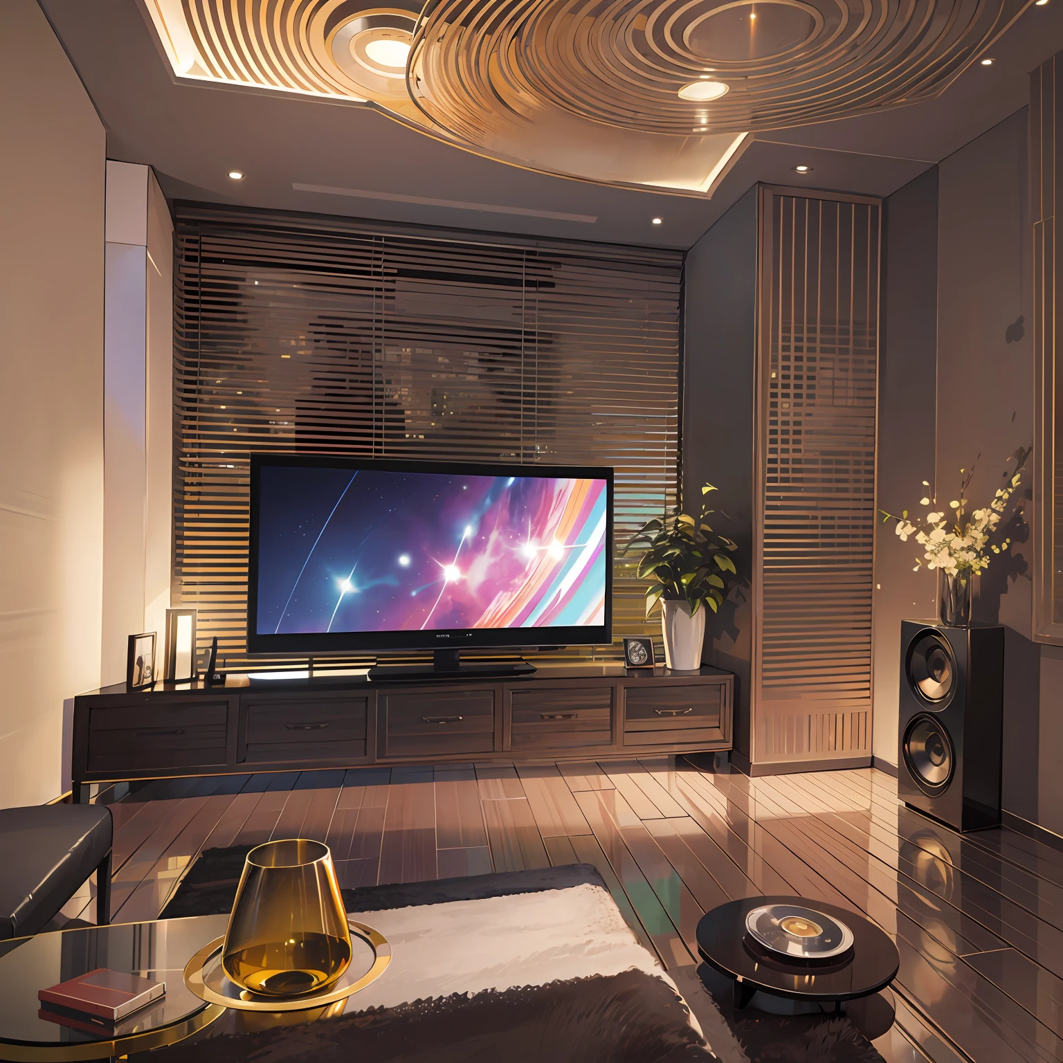 Home theater room, windows, night, colorful, projector, sofa, modern minimalist style --auto