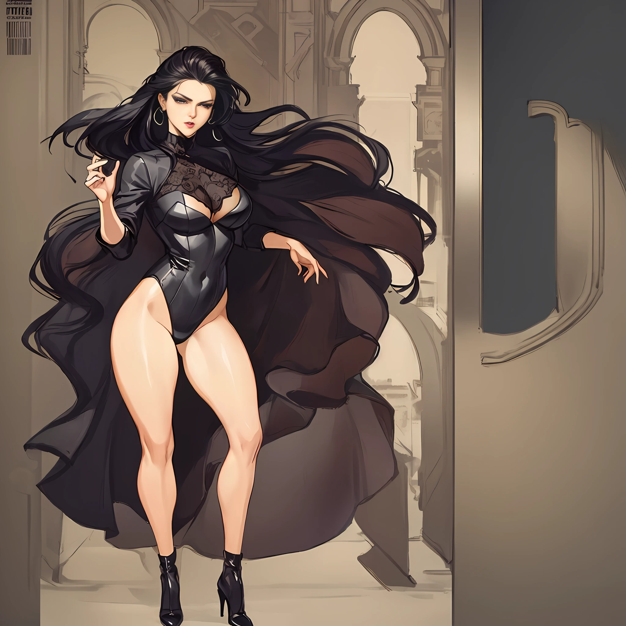Illustration art, full body movement, sexy woman in black outfit, underworld woman, very cool facial expression, gorgeous background, great erotic art, line art, sexy art, detailed body part details, long legs, inspired by J.C. Leyendecker, epic European and American illustrations
