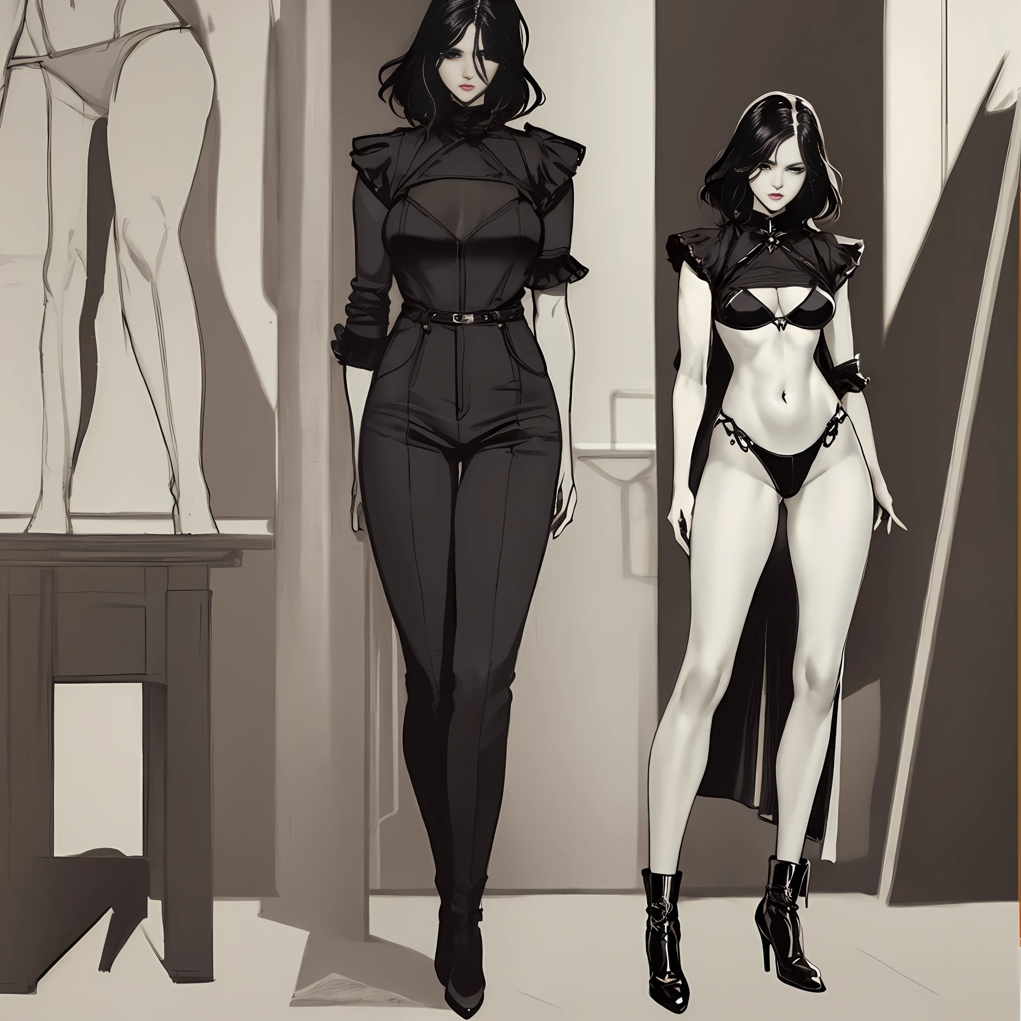 Illustration art, full body movement, sexy woman in black outfit, underworld woman, very cool facial expression, gorgeous background, great erotic art, line art, sexy art, detailed body part details, long legs, inspired by J.C. Leyendecker, epic European and American illustrations