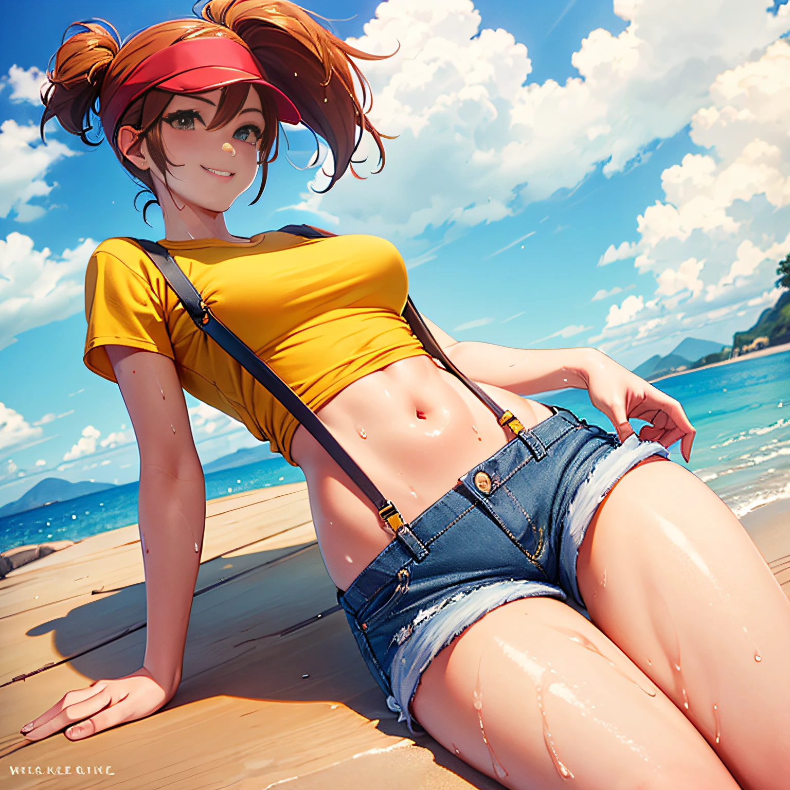 csr style,((masterpiece)),((best quality)),((high definition)),misty pokemon,red suspenders,blue, denim shorts,side ponytail,wet,in water,wet t shirt,smile,ginger hair,yellow shirt,(red suspenders),pastel color