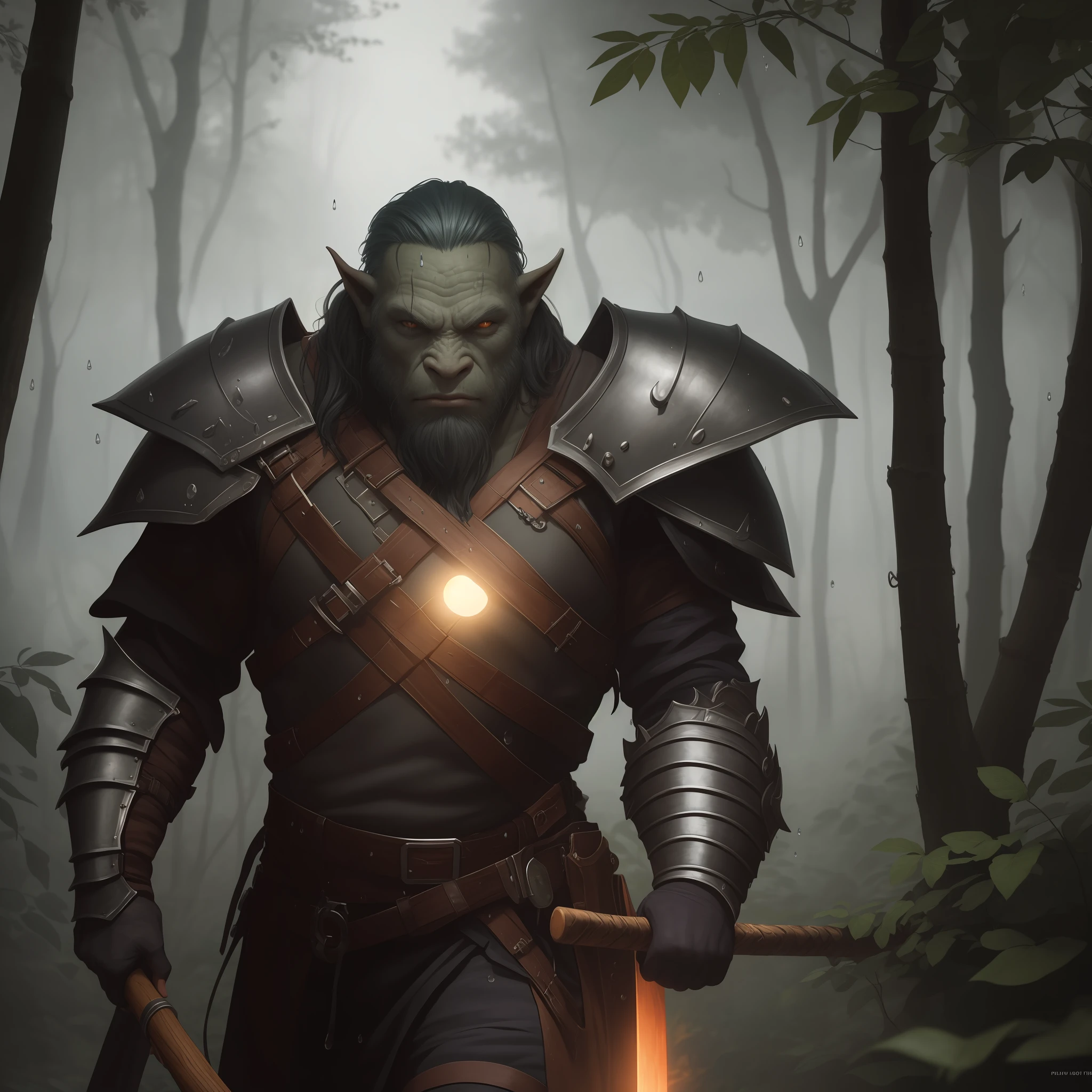 A Grey-skinned Orc, wearing armor and holding a Sharp Axe in a dense forest at night, with raindrops falling from the trees and thunder rumbling in the distance, masterpiece, best quality, high quality, extremely detailed CG unit 8k wallpaper, oil painting, award-winning photography, Bokeh, Depth of field, HDR, flower, chromatic aberration, photorealistic, extremely detailed, trend in artstation, trend in CGsociety, intricate, high detail, dramatic, art in the middle of the journey, (volumetric lighting: 1,2) --auto