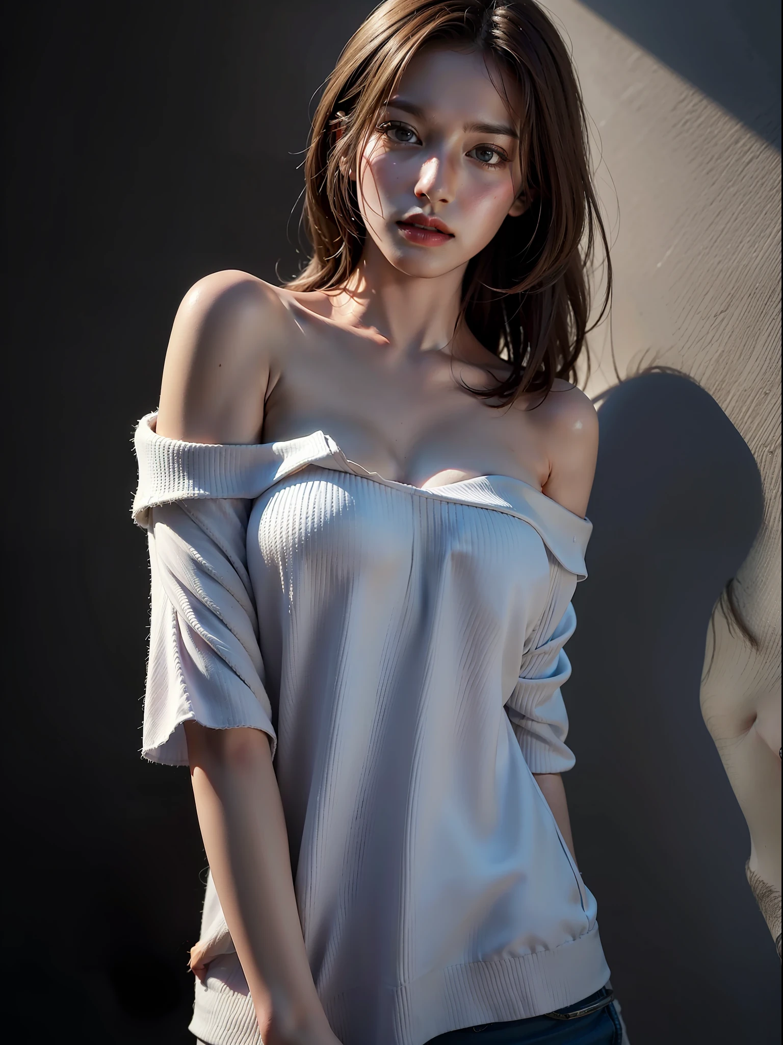 Best quality, masterpiece, ultra high res, (photorealistic:1.4), raw photo, 1girl, offshoulder, in the dark, deep shadow, low key, cold light