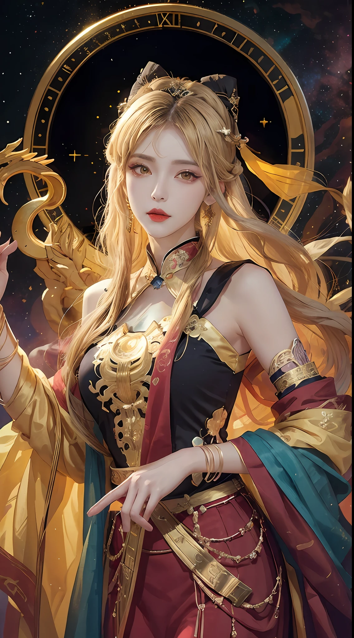 1 27-year-old girl, 1 zodiac goddess from the future, goddess of the pink and purple 12 zodiacs, the goddess of the zodiac in a yellow ao dai, a 12 zodiac ao dai with many black lace detail, mythology Goddess of the 12 zodiacs from the future, zodiac ♏, luxurious glittering zodiac style, dark and mysterious version, zodiac crown, lipstick lips red, thin and beautiful lips, Smile makes viewers fall in love, characters made by karol bak and pino daeni, intricate detail, detailed background, extremely detailed, light magic, a woman, clear face, look at the face of goddess zodialook at the zodiac goddess face, hair long with bangs, beautiful face in detail and well-proportioned eyes, (transparent yellow eyes: 1.8), big round eyes and very beautiful and detailed makeup, foresight, silk dress, mysterious makeup, double bangs and dyed light blonde, uper body, zodiac goddess uper body, arms hanging loosely, Realistic and vivid photo, (stars make up the zodiac: 1.7), (sky background zodiac and fictitious space and time portal: 1.8), fiction art, RAW photo, hanfu picture, best photo, best photo quality, 8k quality, 8k ultra, super realistic, real photo most economical, artistic portrait of goddess zodiac,