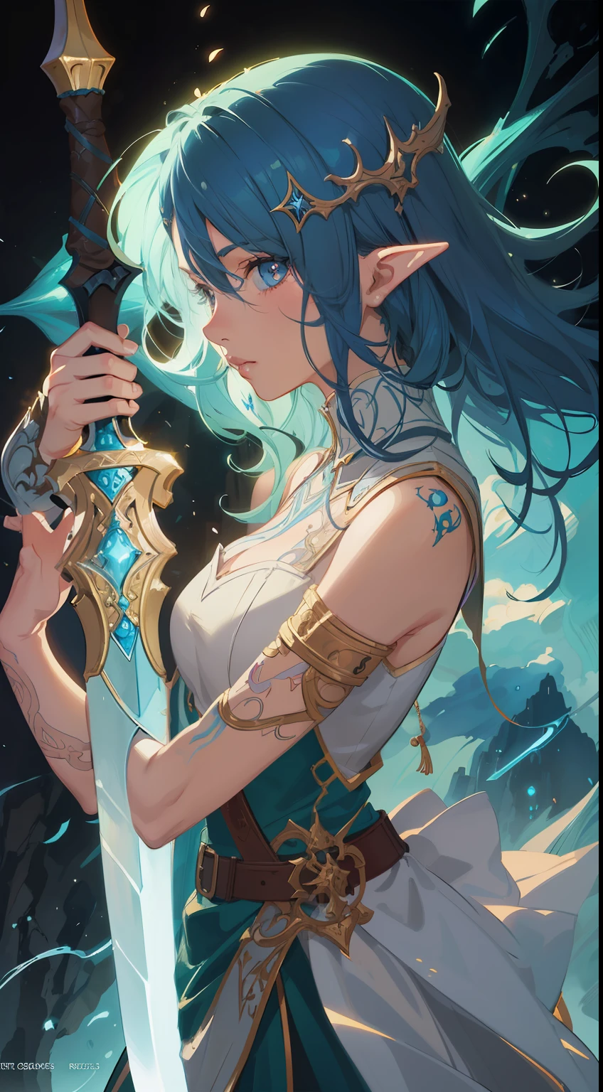 anime girl with blue hair holding a sword in her hand, fantasy art style, epic fantasy art style, extremely detailed artgerm, alluring elf princess knight, anime fantasy illustration, artgerm and rossdraws, epic fantasy digital art style, rossdraws digital painting, epic fantasy art style hd, detailed digital anime art, anime fantasy artwork --auto