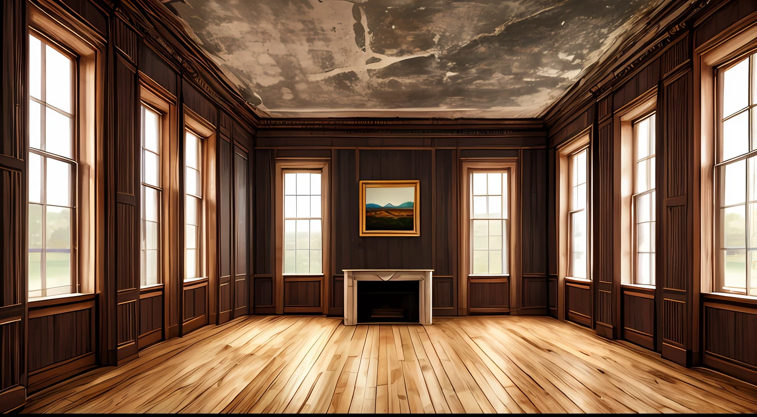 (digital painting), (highest quality), saloon, dilapidated, high ceiling, wooden pillar, scar, wooden sword, window paper --auto