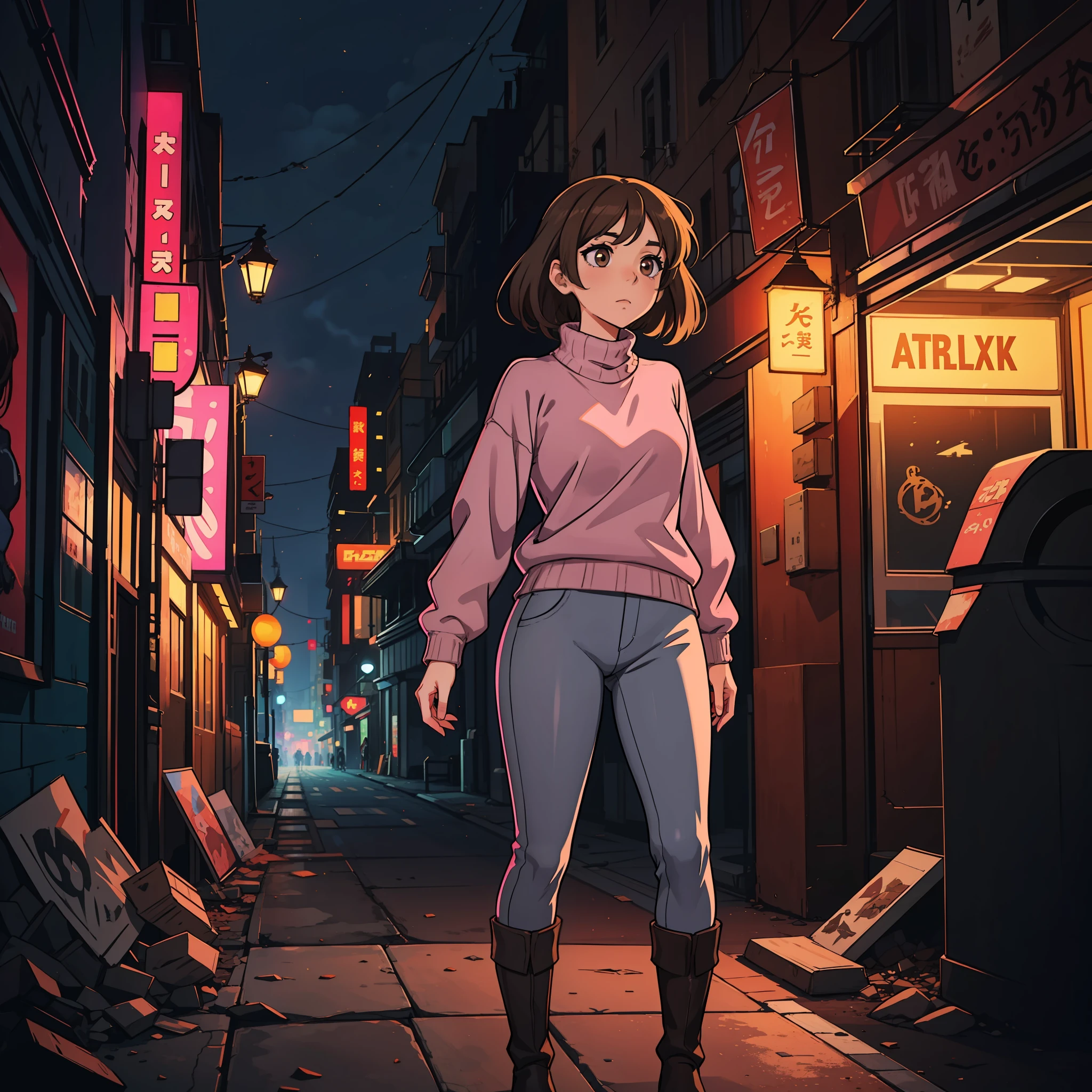 A girl, fair skin, light brown hair, long bangs, rabbit ears, big chest, slender legs, pink sweater, gray pants, black boots, dark brown eyes, apocalyptic background, destroyed city, nightlife, anime, 2d, cartoon, high quality, detailed, 4k