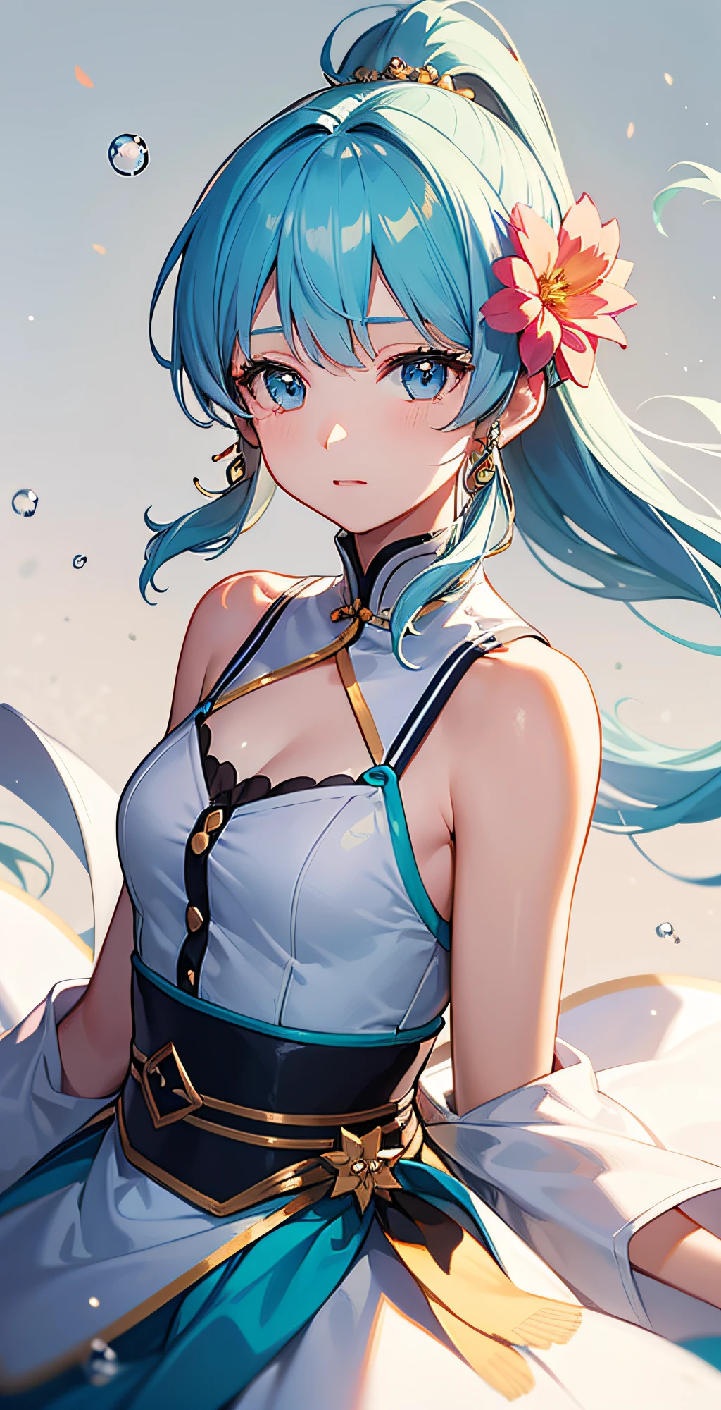 (masterpiece), (best quality), (ultra detailed),(disheveled hair),(illustration), (1girl), (Fashionable clothing), standing, Fashion model, looking at viewer, (interview), (simple background),beautiful detailed eyes, delicate beautiful face, Floating,(high saturation),(colorful splashes),colorful bubble,(shining), focus on face, ponytail, kamisato ayaka, light blue hair, bangs, hair ring, floating flowers, floating hairs, (shining), best lighting, best shadow,