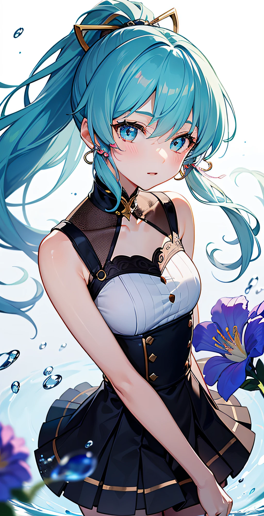 (masterpiece), (best quality), (ultra detailed),(disheveled hair),(illustration), (1girl), (Fashionable clothing), standing, Fashion model, looking at viewer, (interview), (simple background),beautiful detailed eyes, delicate beautiful face, Floating,(high saturation),(colorful splashes),colorful bubble,(shining), focus on face, ponytail, kamisato ayaka, light blue hair, bangs, hair ring, floating flowers, floating hairs, (shining), best lighting, best shadow,