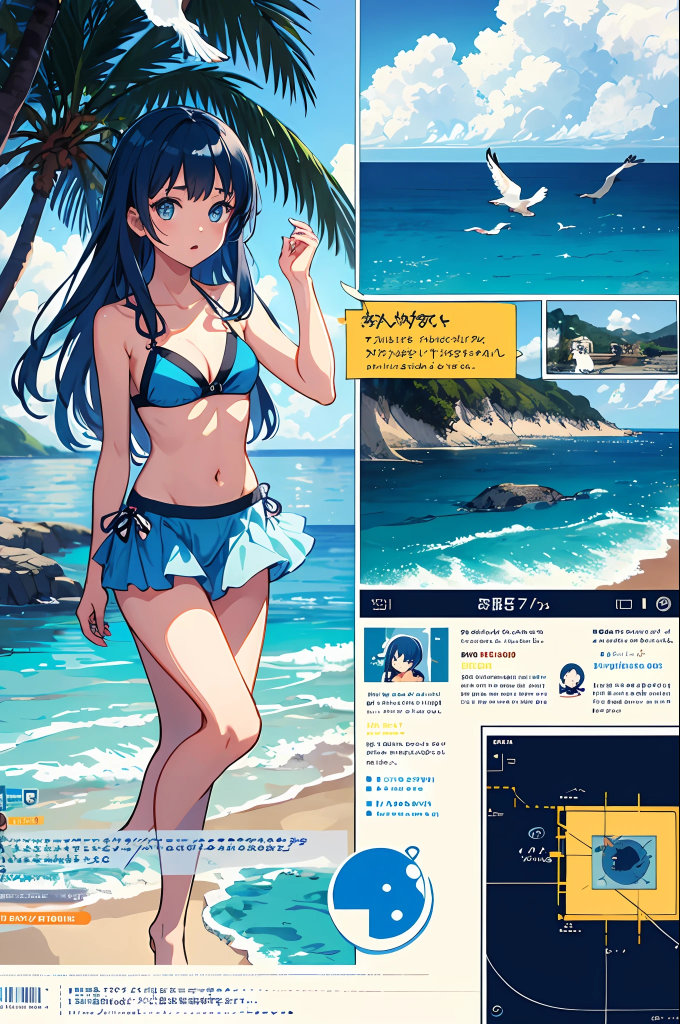 1 girl, seagull, epilogue, ocean, bikini, normal, long hair, short blue hair, multiple views, physical measurements, infographics, illustration