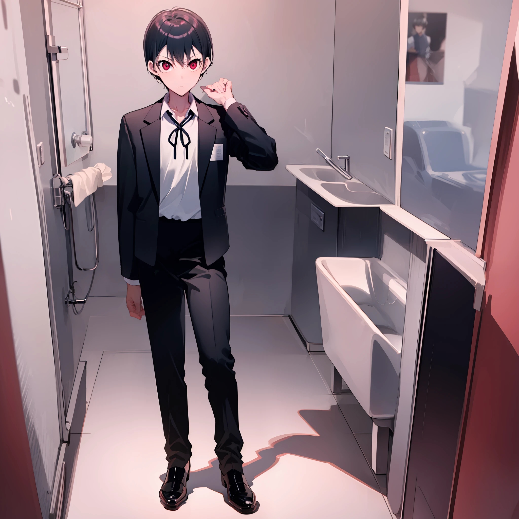 (masterpiece), (best quality), highres, There's only one person, 1boy, kiyotaka ayanokoji, 15 year old teenage boy, school uniform white shirt black jacket open jacket black tie long black pants sitting, red eyes, short black hair, anatomically correct full body, has a jesus necklace around his neck, normal legs, wears black shoes, (He is standing inside a bathroom looking at the mirror of a bathroom),  (he has a scared face and confusion), (complete detallado escenario), (mystery), (terror), (tense environment)