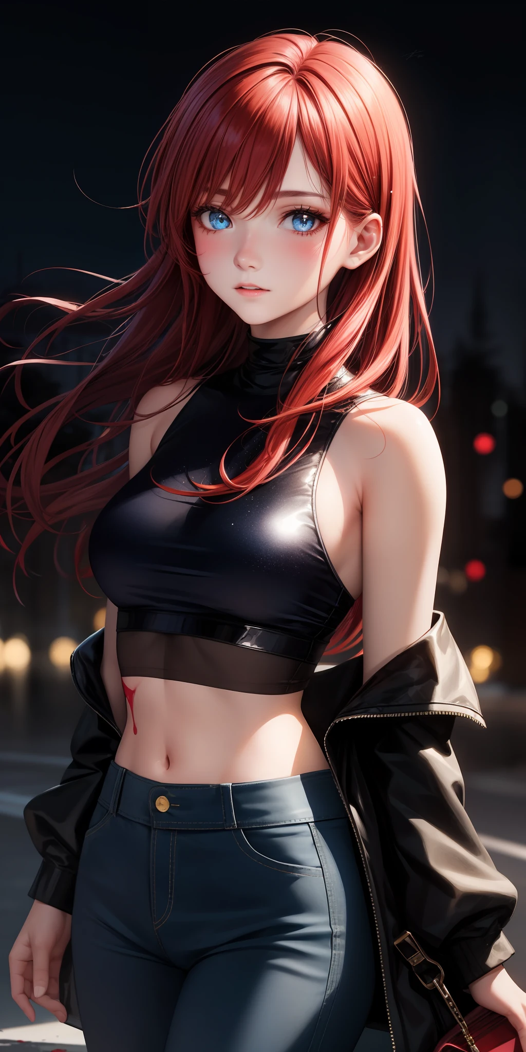 realistic, 1girl, red hair, blue eyes s, bright eyes glitter, cropped top, pants, cold face, blush, night, flowers, blood, blue spear,