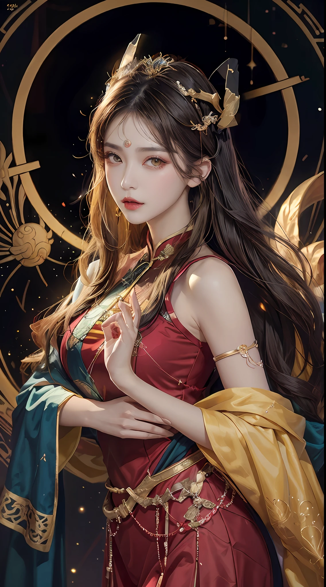 1 27-year-old girl, 1 zodiac goddess from the future, goddess of the pink and purple 12 zodiacs, the goddess of the zodiac in a yellow ao dai, a 12 zodiac ao dai with many black lace detail, mythology Goddess of the 12 zodiacs from the future, zodiac ♏, luxurious glittering zodiac style, dark and mysterious version, zodiac crown, lipstick lips red, thin and beautiful lips, Smile makes viewers fall in love, characters made by karol bak and pino daeni, intricate detail, detailed background, extremely detailed, light magic, a woman, clear face, look at the face of goddess zodialook at the zodiac goddess face, hair long with bangs, beautiful face in detail and well-proportioned eyes, (transparent yellow eyes: 1.8), big round eyes and very beautiful and detailed makeup, foresight, silk dress, mysterious makeup, double bangs and dyed light blonde, uper body, zodiac goddess uper body, arms hanging loosely, Realistic and vivid photo, (stars make up the zodiac: 1.7), (sky background zodiac and fictitious space and time portal: 1.8), fiction art, RAW photo, hanfu picture, best photo, best photo quality, 8k quality, 8k ultra, super realistic, real photo most economical, artistic portrait of goddess zodiac,