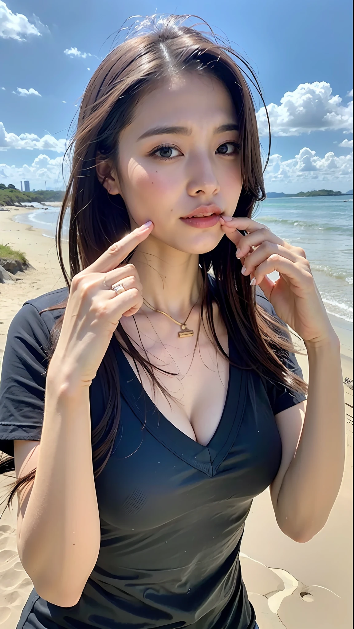 (Best Quality, 8k, 32k, Masterpiece, UHD: 1.2), NSFW, Cute Japan Woman Pictures, 1gril, Golden Long Tousled Hair, Shy Face, Big Breasts, (Detailed Black Tight T-Shirt: 1.2), White Skinny Pants, Necklace, (Detailed Red Bra: 1.05), (Slouch: 1.8), Watch Viewer, POV, One Hand in Mouth, Shy, Beach, Blue Sky