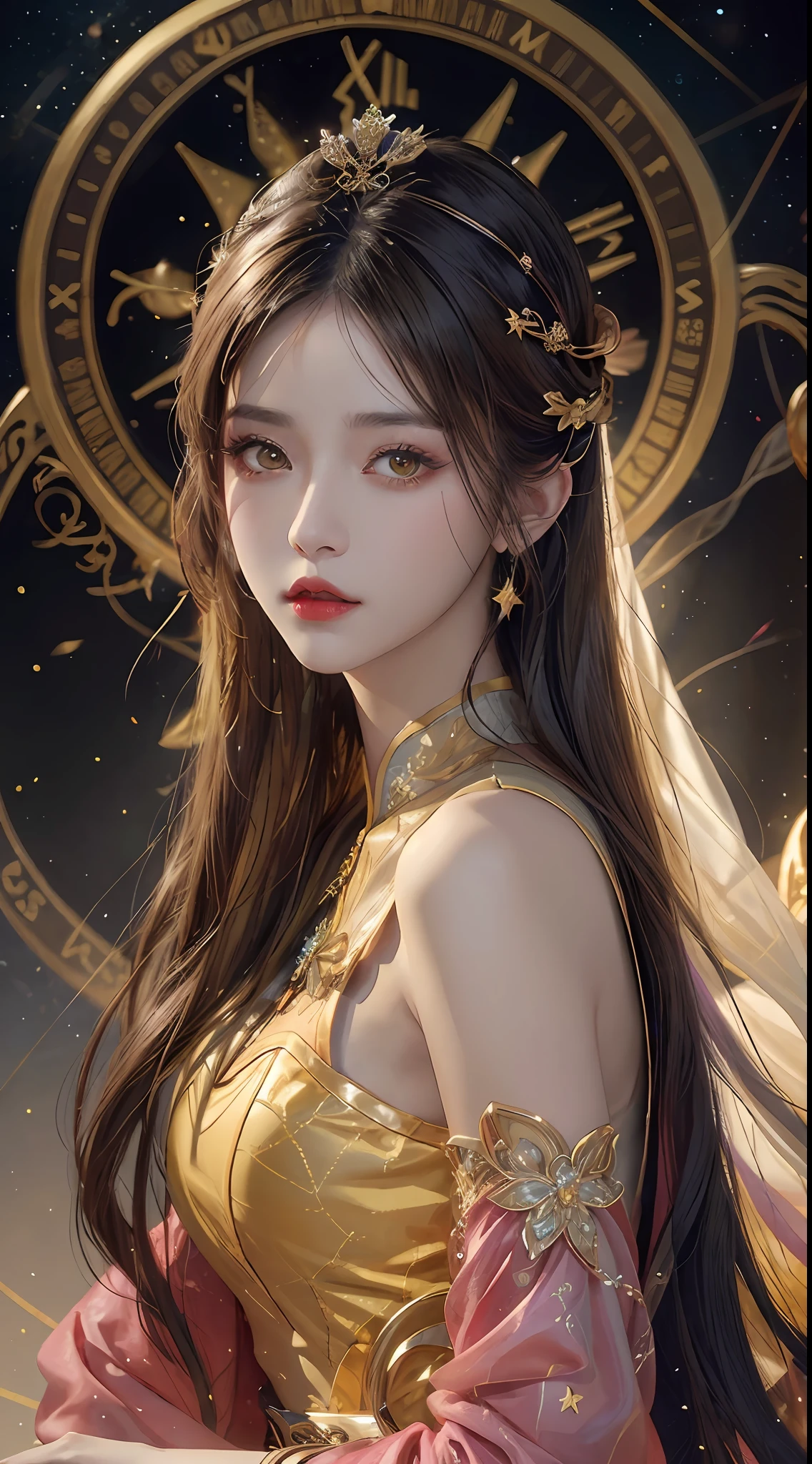 1 27-year-old girl, 1 zodiac goddess from the future, goddess of the pink and purple 12 zodiacs, the goddess of the zodiac in a yellow ao dai, a 12 zodiac ao dai with many black lace detail, mythology Goddess of the 12 zodiacs from the future, zodiac ♏, luxurious glittering zodiac style, dark and mysterious version, zodiac crown, lipstick lips red, thin and beautiful lips, Smile makes viewers fall in love, characters made by karol bak and pino daeni, intricate detail, detailed background, extremely detailed, light magic, a woman, clear face, look at the face of goddess zodialook at the zodiac goddess face, hair long with bangs, beautiful face in detail and well-proportioned eyes, (transparent yellow eyes: 1.8), big round eyes and very beautiful and detailed makeup, foresight, silk dress, mysterious makeup, double bangs and dyed light blonde, uper body, zodiac goddess uper body, arms hanging loosely, Realistic and vivid photo, (stars make up the zodiac: 1.7), (sky background zodiac and fictitious space and time portal: 1.8), fiction art, RAW photo, hanfu picture, best photo, best photo quality, 8k quality, 8k ultra, super realistic, real photo most economical, artistic portrait of goddess zodiac,