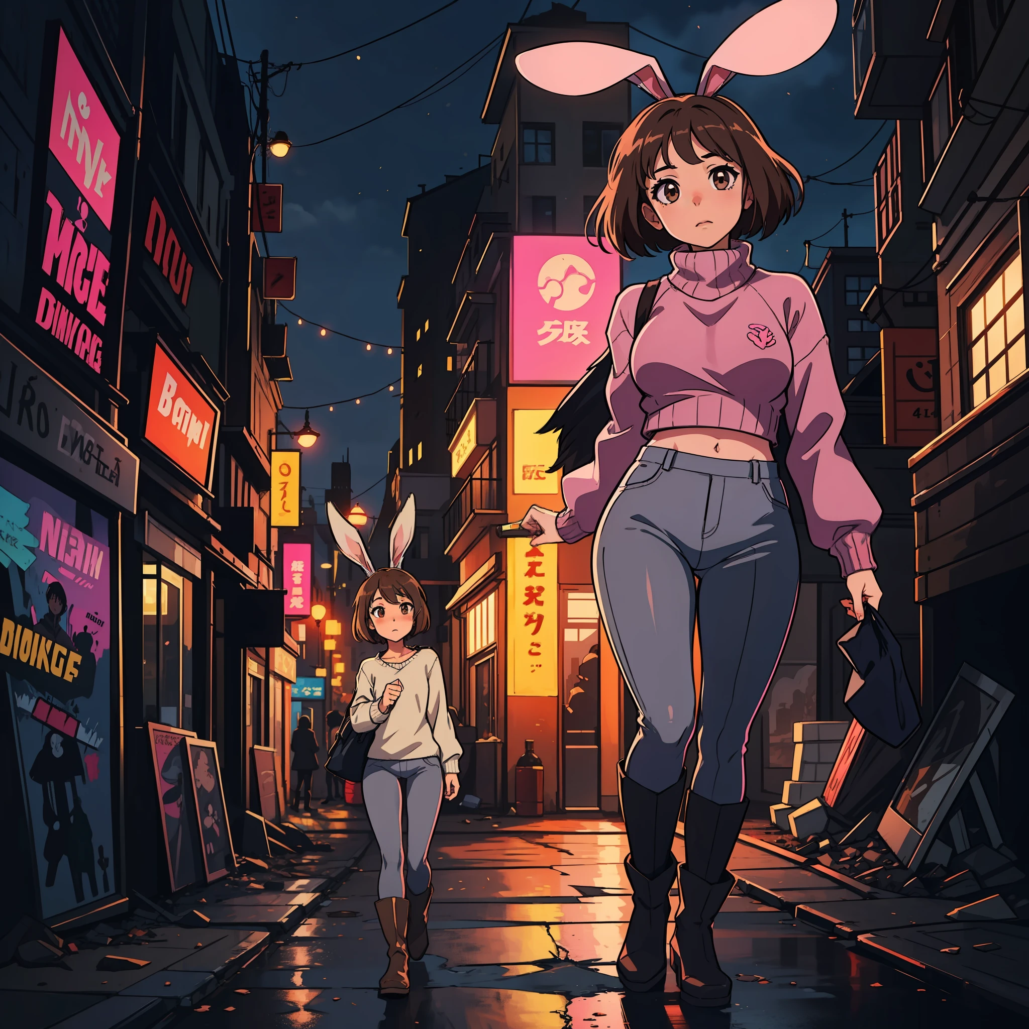 A girl, fair skin, light brown hair, long bangs, rabbit ears, big chest, slender legs, pink sweater, gray pants, black boots, dark brown eyes, apocalyptic background, destroyed city, nightlife, anime, 2d, cartoon, high quality, detailed, 4k