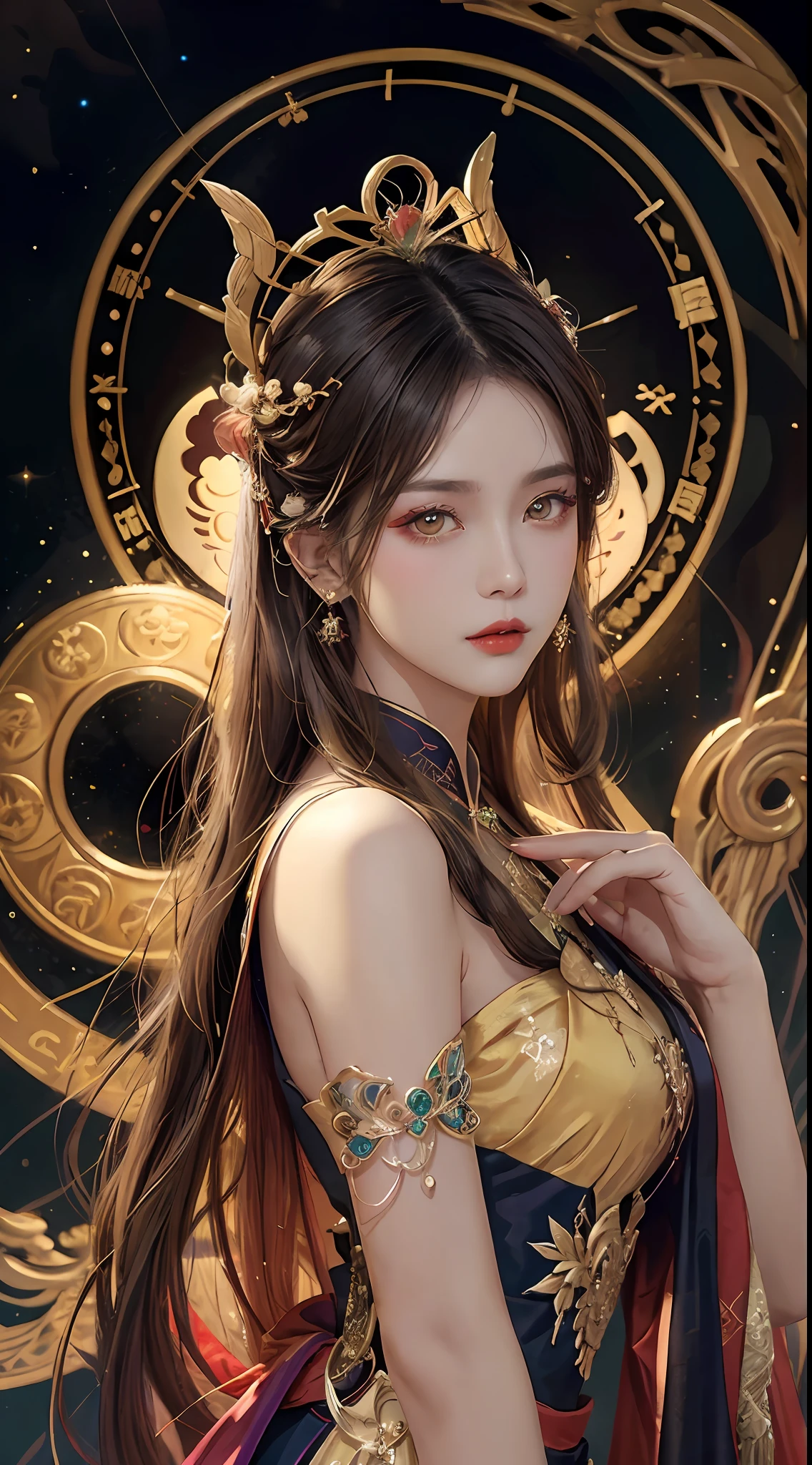 1 27-year-old girl, 1 zodiac goddess from the future, goddess of the pink and purple 12 zodiacs, the goddess of the zodiac in a yellow ao dai, a 12 zodiac ao dai with many black lace detail, mythology Goddess of the 12 zodiacs from the future, zodiac ♏, luxurious glittering zodiac style, dark and mysterious version, zodiac crown, lipstick lips red, thin and beautiful lips, Smile makes viewers fall in love, characters made by karol bak and pino daeni, intricate detail, detailed background, extremely detailed, light magic, a woman, clear face, look at the face of goddess zodialook at the zodiac goddess face, hair long with bangs, beautiful face in detail and well-proportioned eyes, (transparent yellow eyes: 1.8), big round eyes and very beautiful and detailed makeup, foresight, silk dress, mysterious makeup, double bangs and dyed light blonde, uper body, zodiac goddess uper body, arms hanging loosely, Realistic and vivid photo, (stars make up the zodiac: 1.7), (sky background zodiac and fictitious space and time portal: 1.8), fiction art, RAW photo, hanfu picture, best photo, best photo quality, 8k quality, 8k ultra, super realistic, real photo most economical, artistic portrait of goddess zodiac,