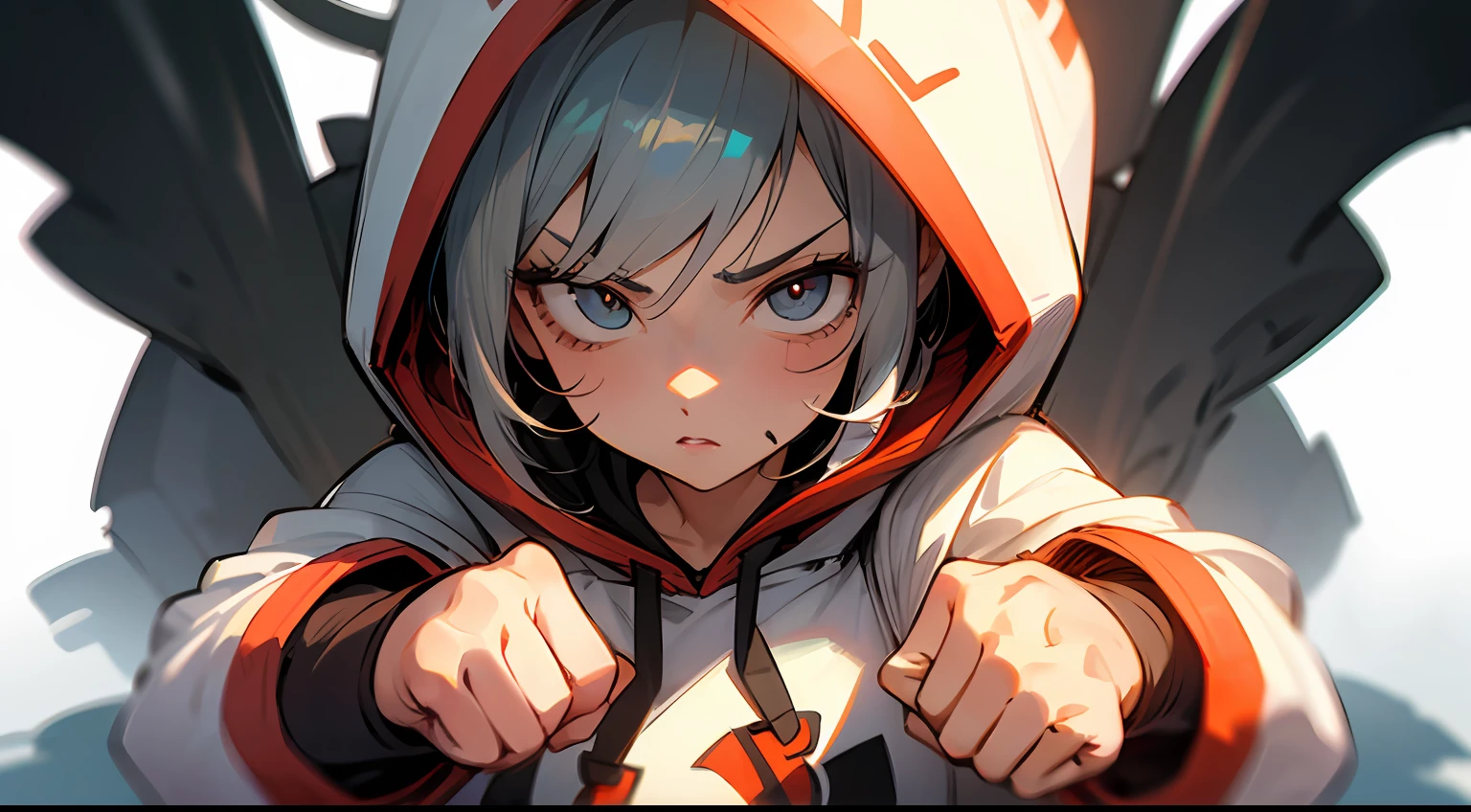 a girle, streaked hair, hood, rolling eyes, puckered lips, anime style, raised fist --auto