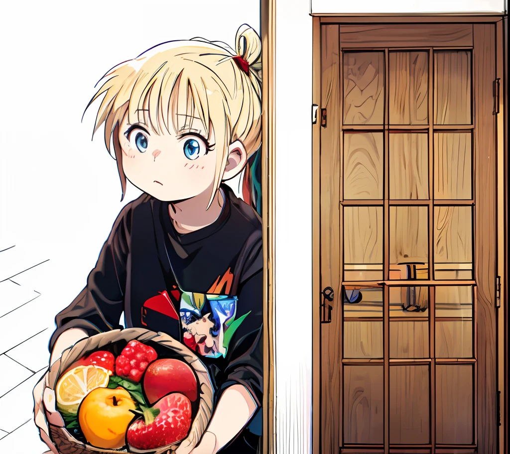 anime girl, blonde hair, basket, fruits, door, hair tie, black shirt, color manga, manga color, color manga, color manga panel, simple background, a white background