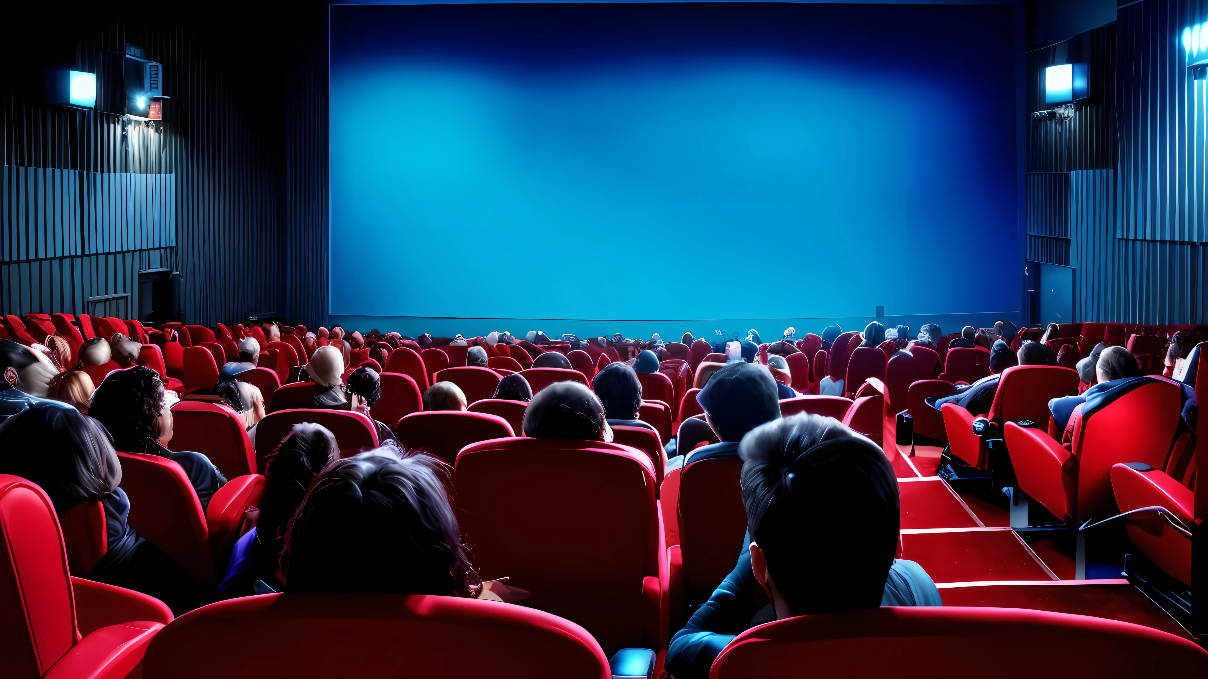 people sitting in a theater watching a screen, in a cinema, cinematic screen, sitting in a cinema room, cinema screen photo, cinematic film image, audience, movie poster without text, cinema effect, filming of a theatre stage, cinema, background in a cinema, big screen, cinematic film, bright screen, widescreen