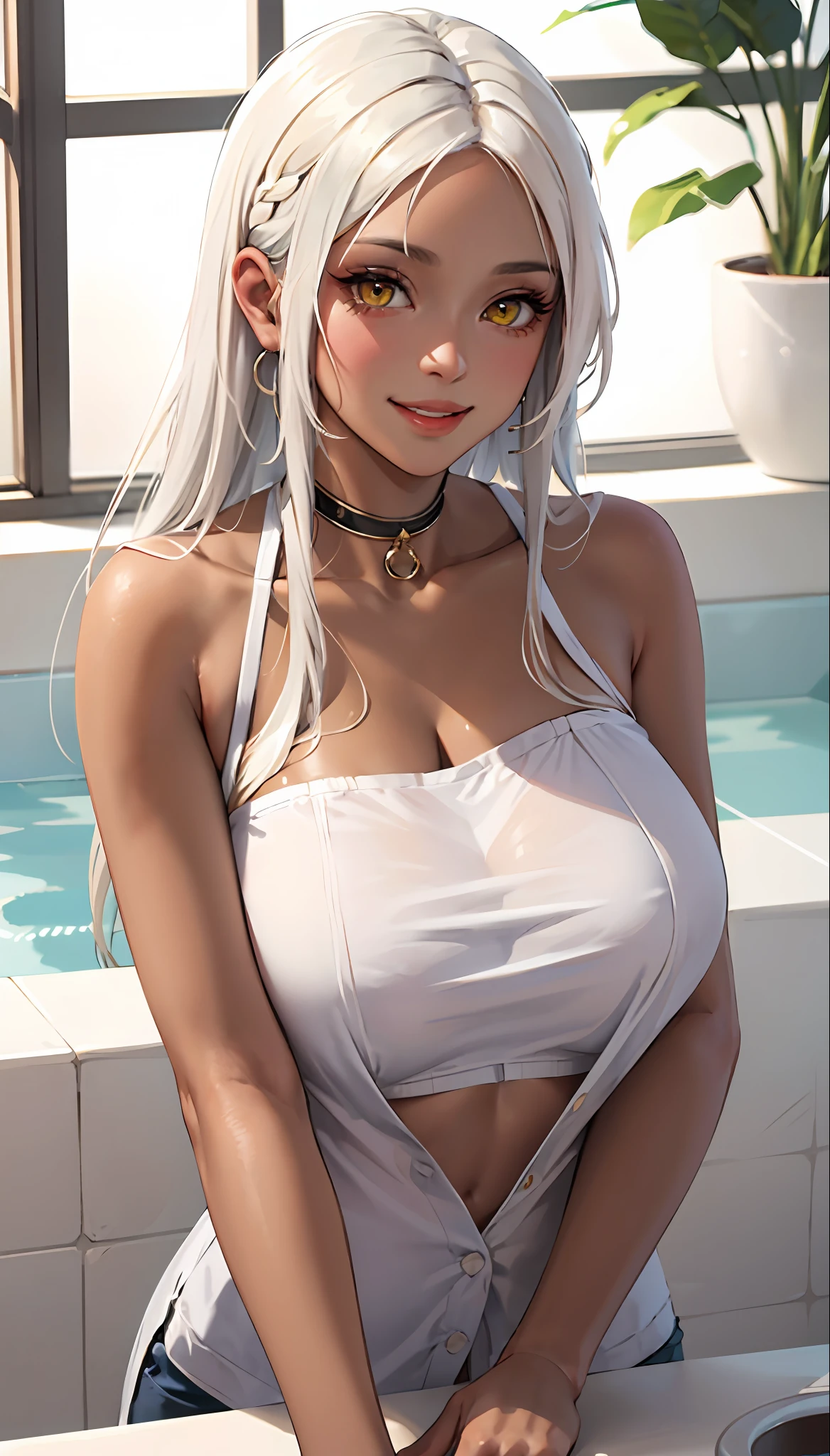 Brown skin, long white hair (masterpiece, : 1.2, best quality), (1 woman, solo, upper body: 1.2) brown skin Clothing: brown skin, bath towel Accessories: Hairpins Hair: Long white hair Makeup: natural, glowing skin, brown skin Behavior: relaxed, carefree, smiling Location: Bath, long white hair, very , brown-yellow eyes, brown skin