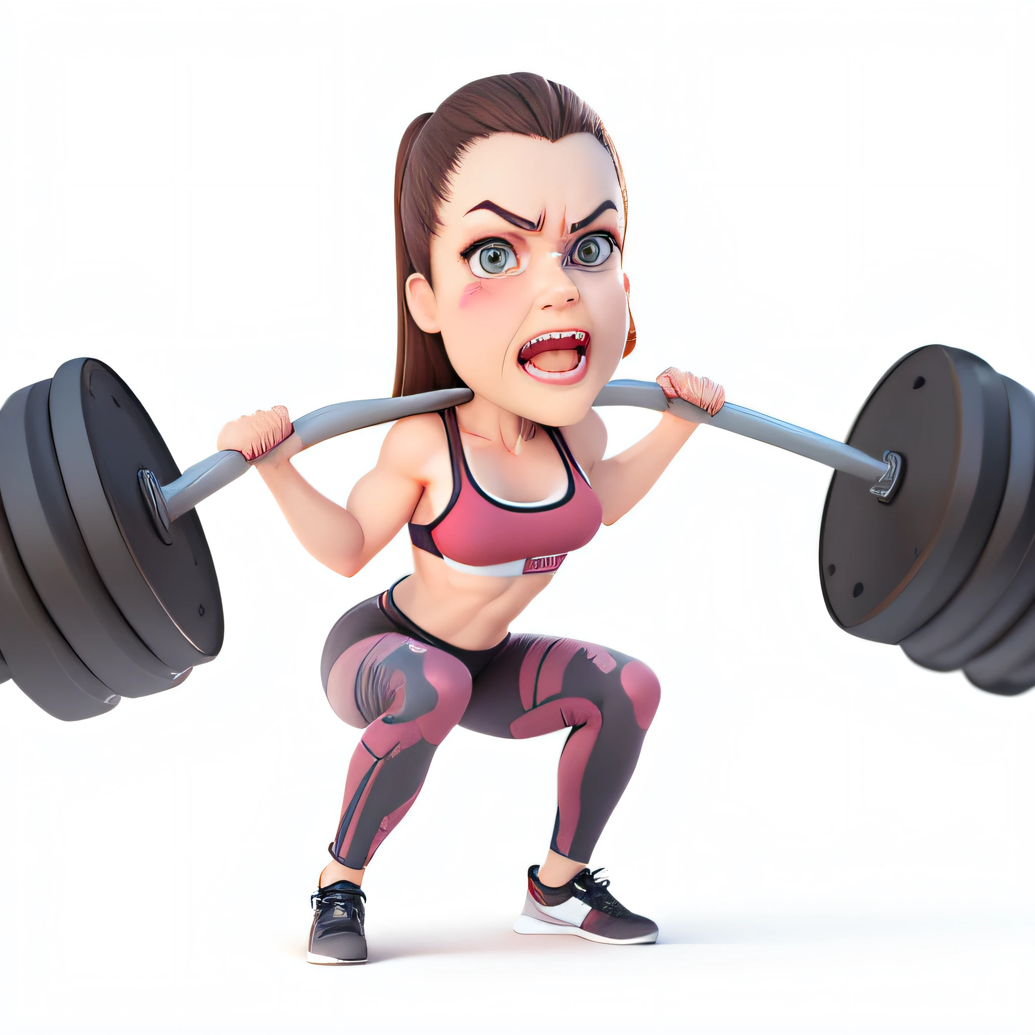 (3D caricature), woman in gym clothes training squat, several large washers, her legs are strong and muscular (brave face) (detailed full body) brown hair, brave face, artwork, detailed face, (deep training) Angry face pushing,Legs wide apart and slightly bent, detailed eyes