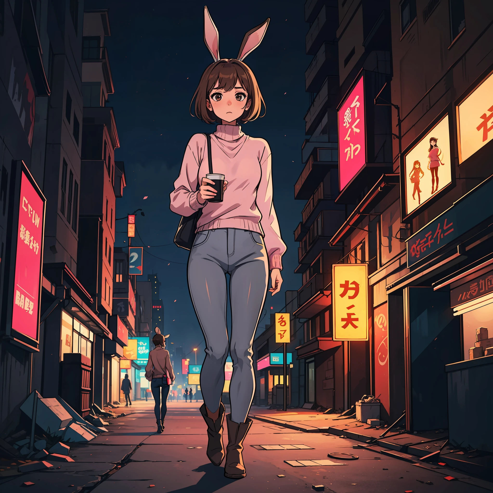 A girl, fair skin, light brown hair, long bangs, rabbit ears, big chest, slender legs, pink sweater, gray pants, black boots, dark brown eyes, apocalyptic background, destroyed city, nightlife, anime, 2d, cartoon, high quality, detailed, 4k