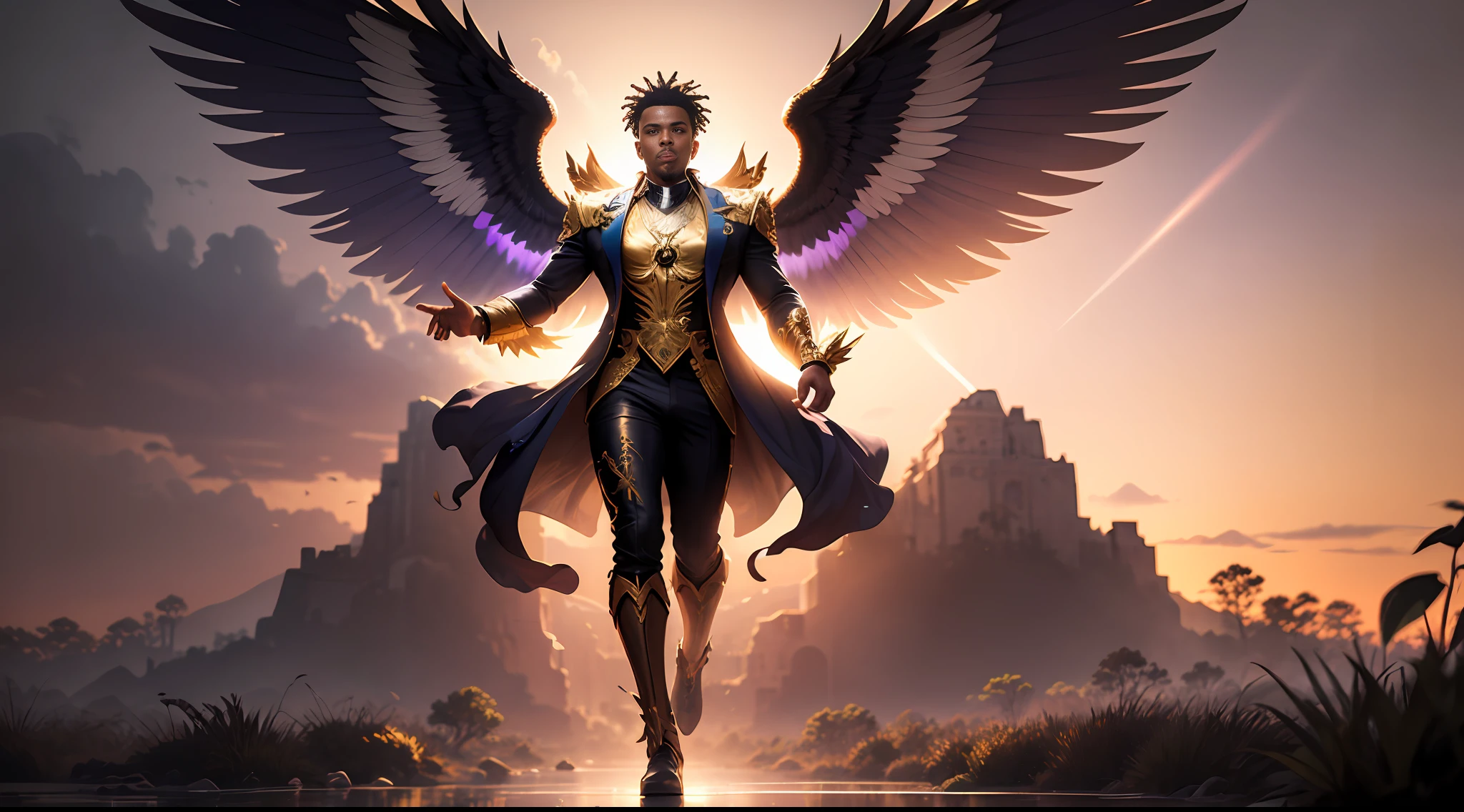 Fairy male black man with gold and purple details, large wings, flying in the air, vegetation blurred background, soft colors, soft light, sunset light, smooth light, symmetrical, full body, reflections, HDR lighting, 8k resolution, cinematic film, smooth, strobe light beams, masterpiece, full body