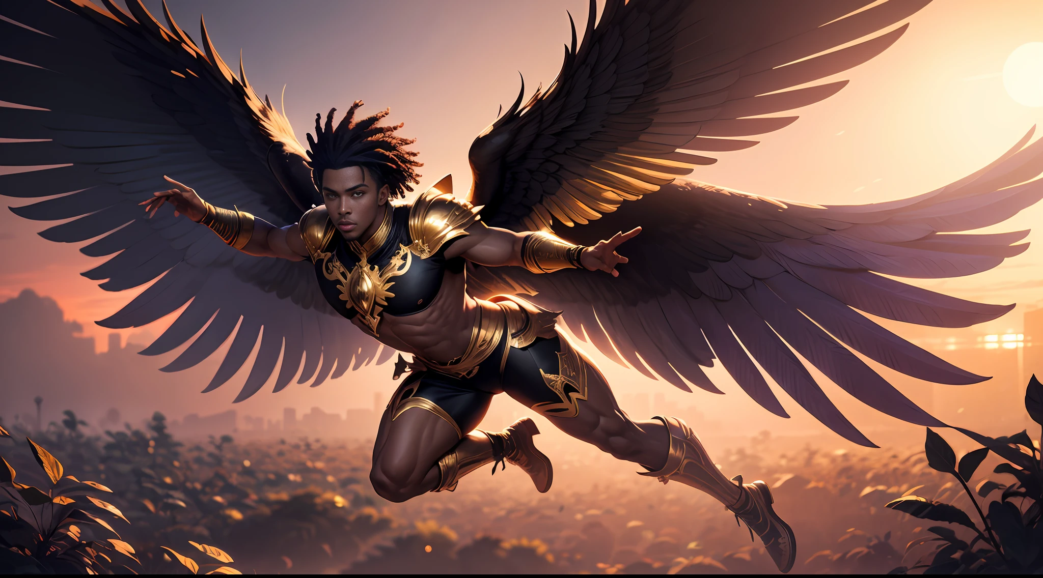 Fairy male black man with gold and purple details, large wings, flying in the air, vegetation blurred background, soft colors, soft light, sunset light, smooth light, symmetrical, full body, reflections, HDR lighting, 8k resolution, cinematic film, smooth, strobe light beams, masterpiece, full body