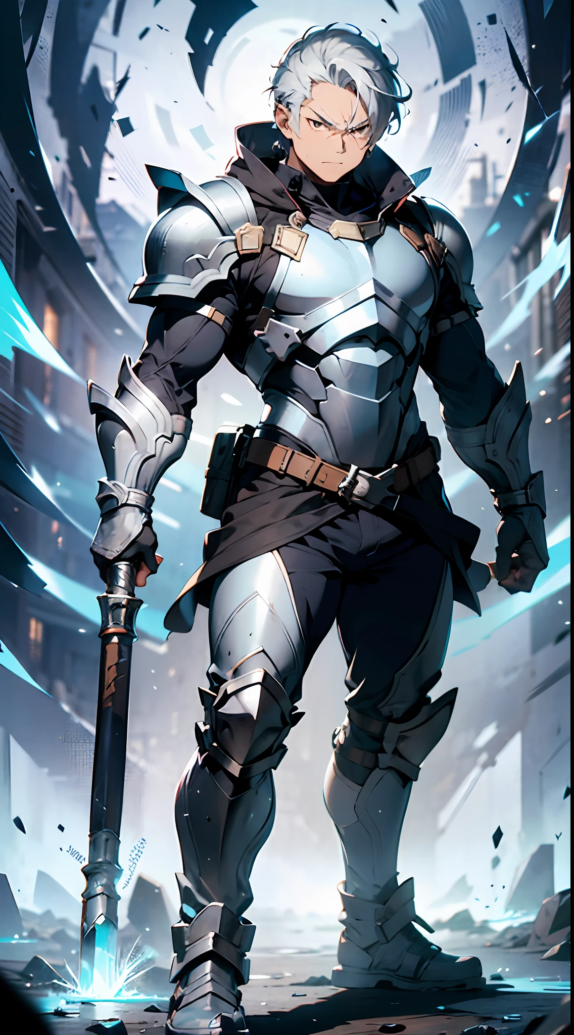 Full body, elderly, male, hero from another world, holding a hammer, holding a hammer, very muscular, muscle, shoulder armor, earth effect, holding low, glaring, silver armor