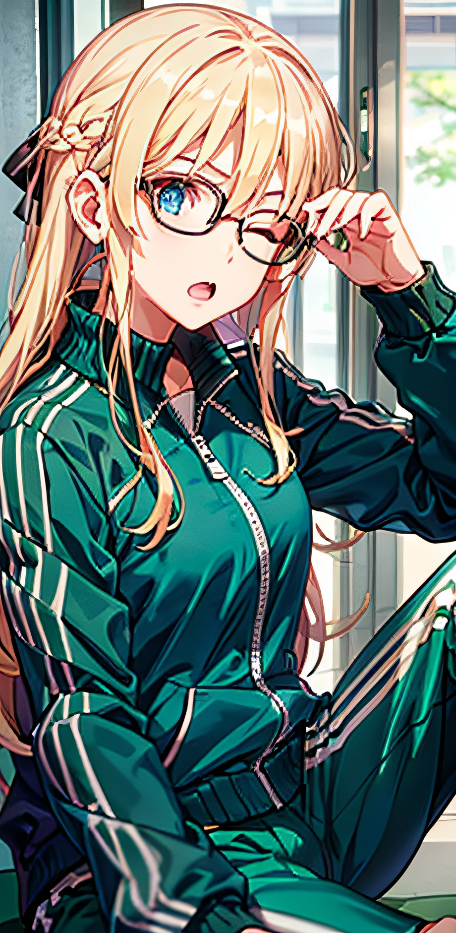 ph_eriri, 1girl, long hair, blonde hair, blue eyes, glasses, jacket, track jacket, green jacket, sawamura spencer eriri, black-framed eyewear, solo, bangs, open mouth, sitting, long sleeves, track suit, pants, very long hair, straight hair, arms up, one eye closed, (masterpiece:1.6, best quality), (finely detailed beautiful eyes: 1.2),