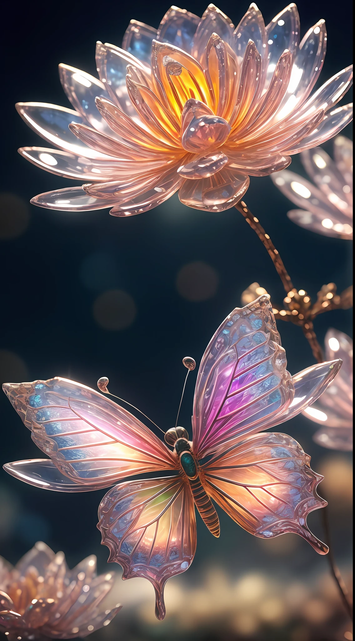 crystal lotus, crystal butterfly, fantasy, galaxy, transparent, sparkling, sparkling, brilliant, colorful, magical photography, dramatic lighting, photo realism, ultra detail, 4k, depth of field, high resolution