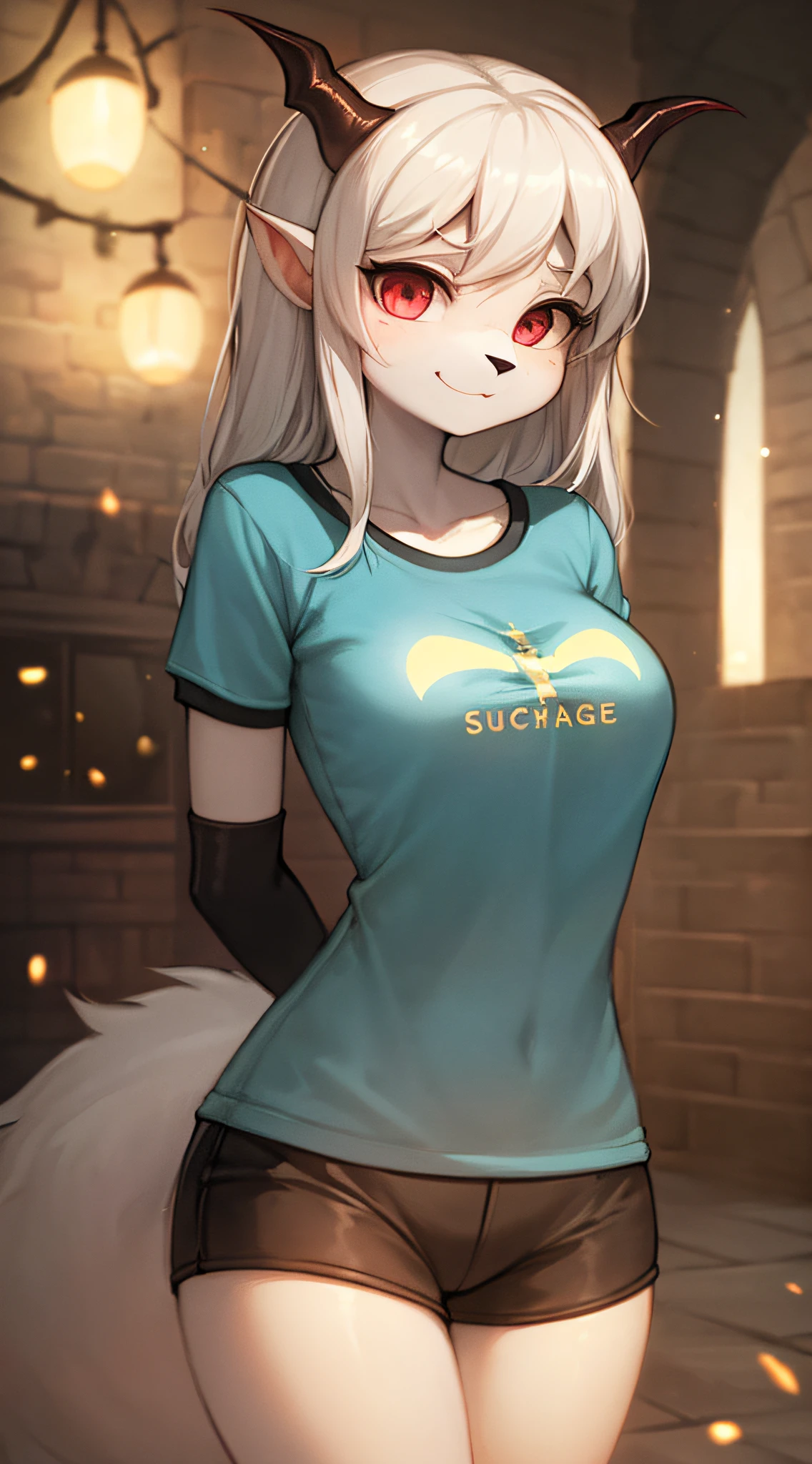 (Middle Ages), (Hands behind Back), (Succubus), Furry, White Fur, Super Cute Face, Detail Elements on Fur, Glowing T-Shirt, Beautiful Lights and Shadows, Ambient Light, Super Fine Fur, Volumetric Light