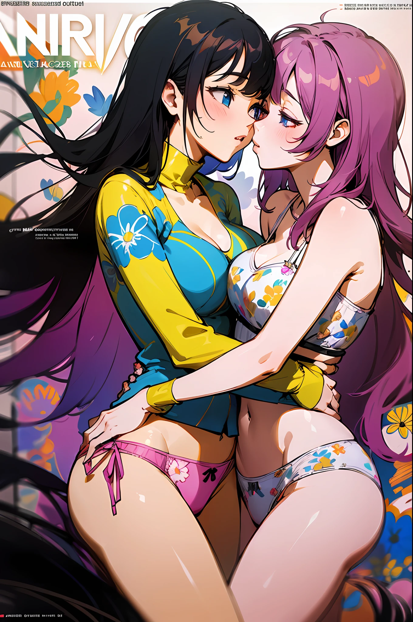 masterpeace, best quality, (magazine cover), lineart, colorful, 2girls, kissing, hugging, (floral panties), vibrant colors, Volumetric Lighting, Best Shadows, Shallow Depth of Field, (Highest Quality, Amazing Details:1.25), Brilliant Colorful Paintings,