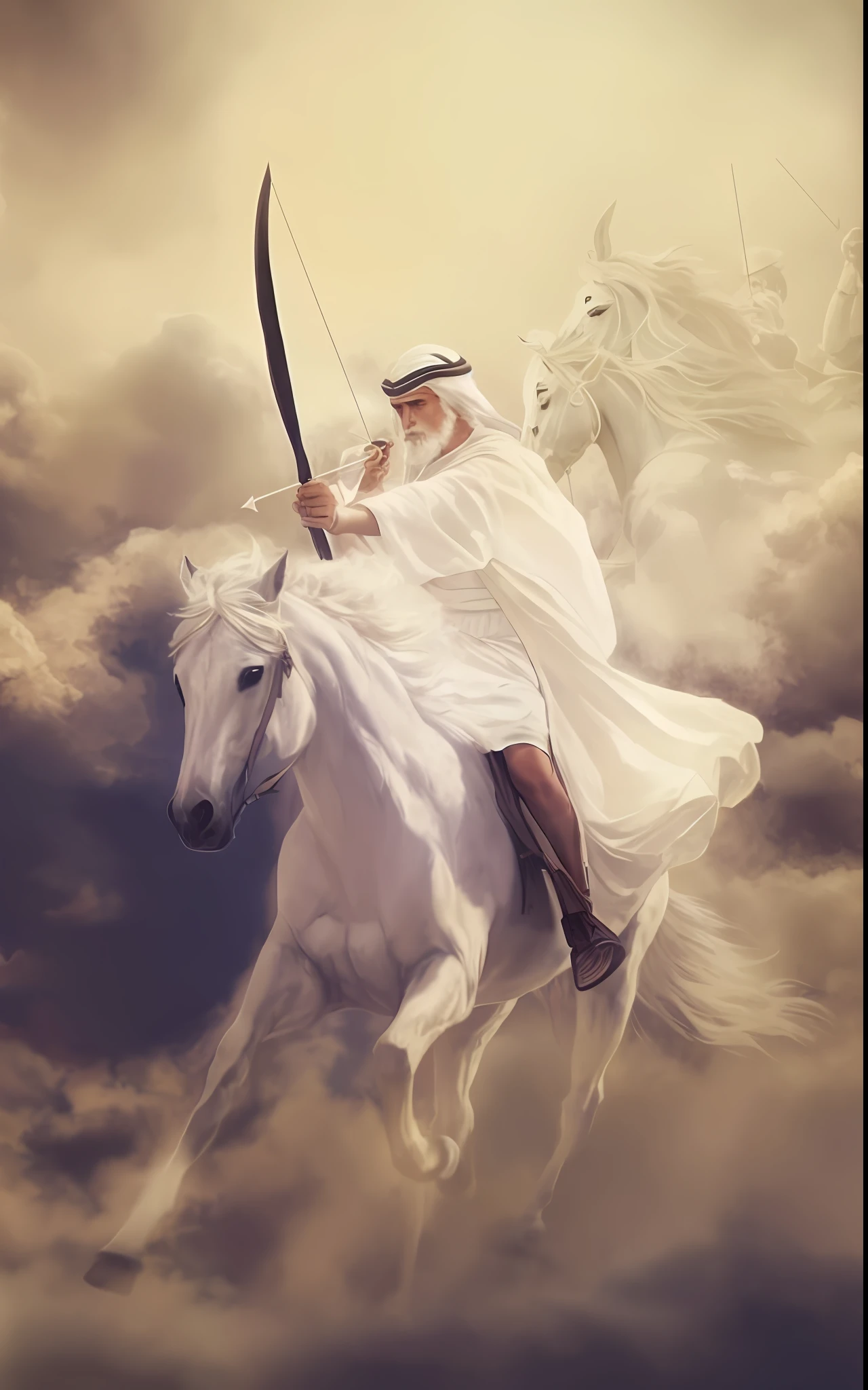 there is a man riding a horse with a bow and arrow, the wise man is riding on top, epic biblical depiction, by Ahmed Karahisari, arabian, by Kamāl ud-Dīn Behzād, godrays digital painting, inspired by Kamāl ud-Dīn Behzād