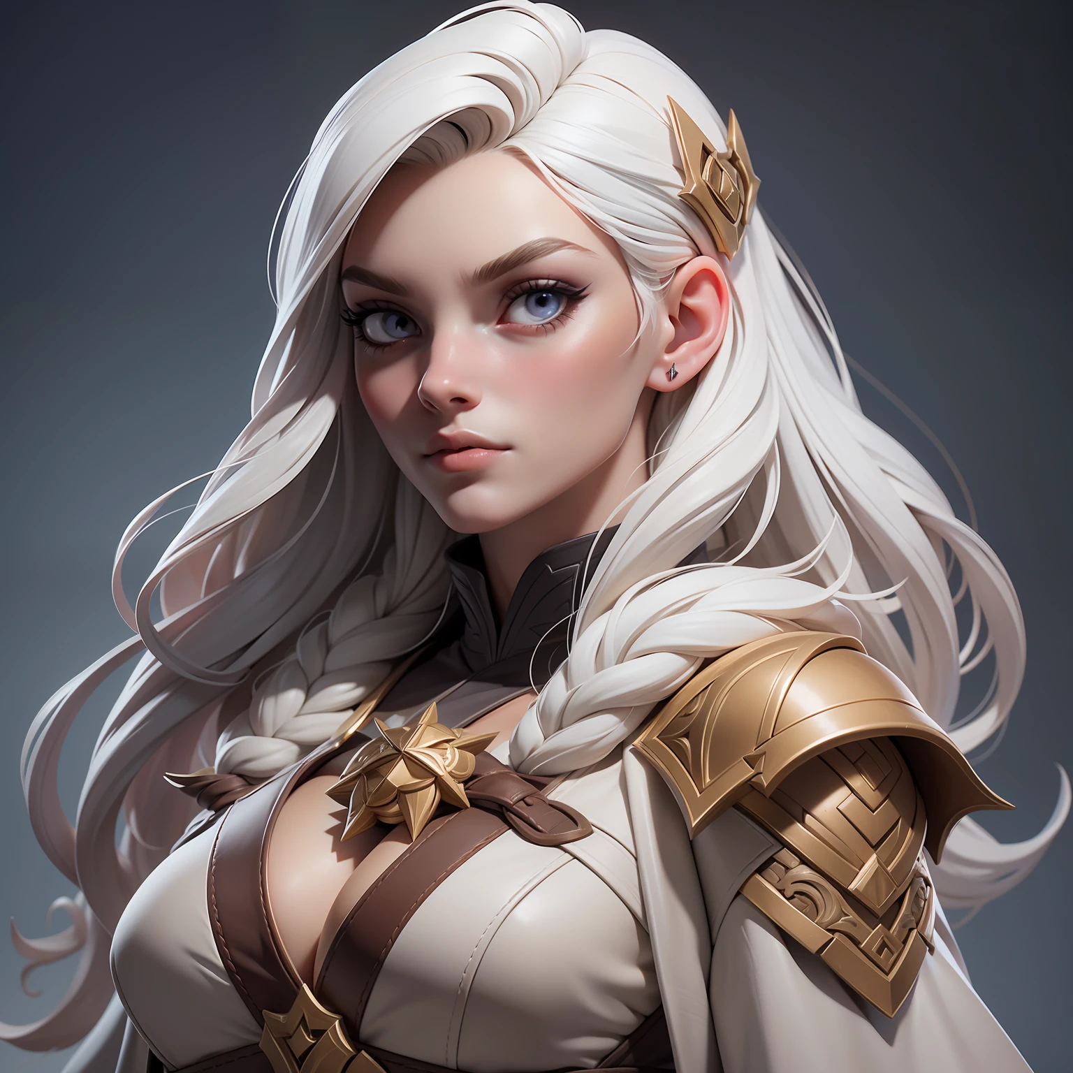 a young sorceress with long white hair, big, bright eyes in gray and magical color,
she is dressed in a light and delicate leather robe that covers her body from chest to toe, inspired by Johannes Helgeson, rpg, portrait, painted portrait of injured odin, rpg book portrait, portrait of an adventurer, epic rpg portrait, crisp rpg portrait, rpg character art, rpg portrait,  by Johannes Helgeson, full-body rpg portrait, full body,
The woman has an expression on her face that suggests he may be deeply in thought or concentration, His clothes appear to be made of different shades of white and bronze barely transparent, giving him an overall rustic look