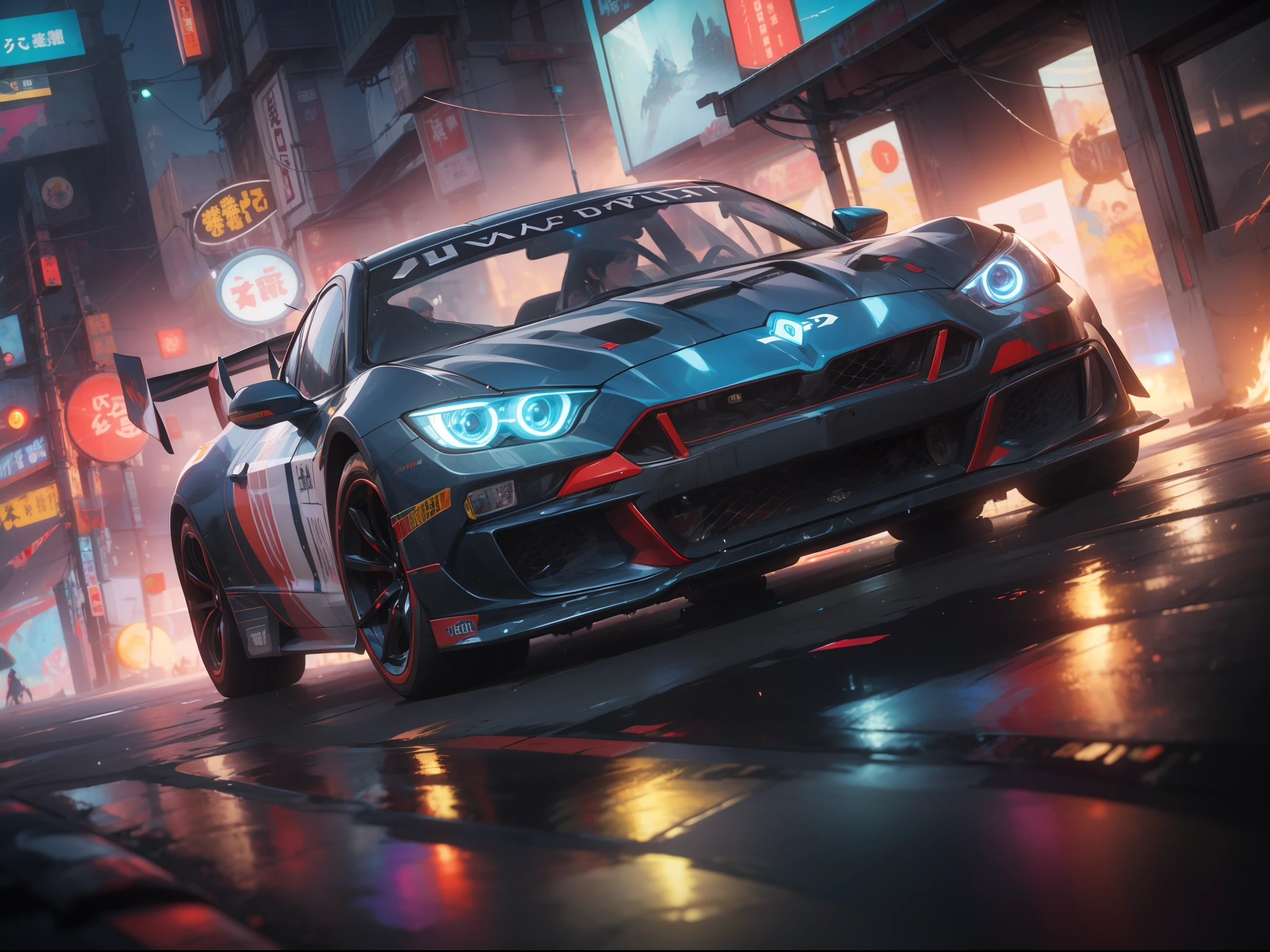 Best quality, masterpiece, ultra high res, Capture the adrenaline-fueled excitement of a sleek, high-performance racing car dripping, red, blue, fires, neon light, dust, full car show, from side, cyberpunk racing car, tokyo cyberpunk night,Detailed,Realistic,4k highly detailed digital art,octane render, bioluminescent, BREAK 8K resolution concept art, realism,by Mappa studios,masterpiece,best quality,official art,illustration,ligne claire,(cool_color),perfect composition,absurdres, fantasy,focused,rule of thirds,