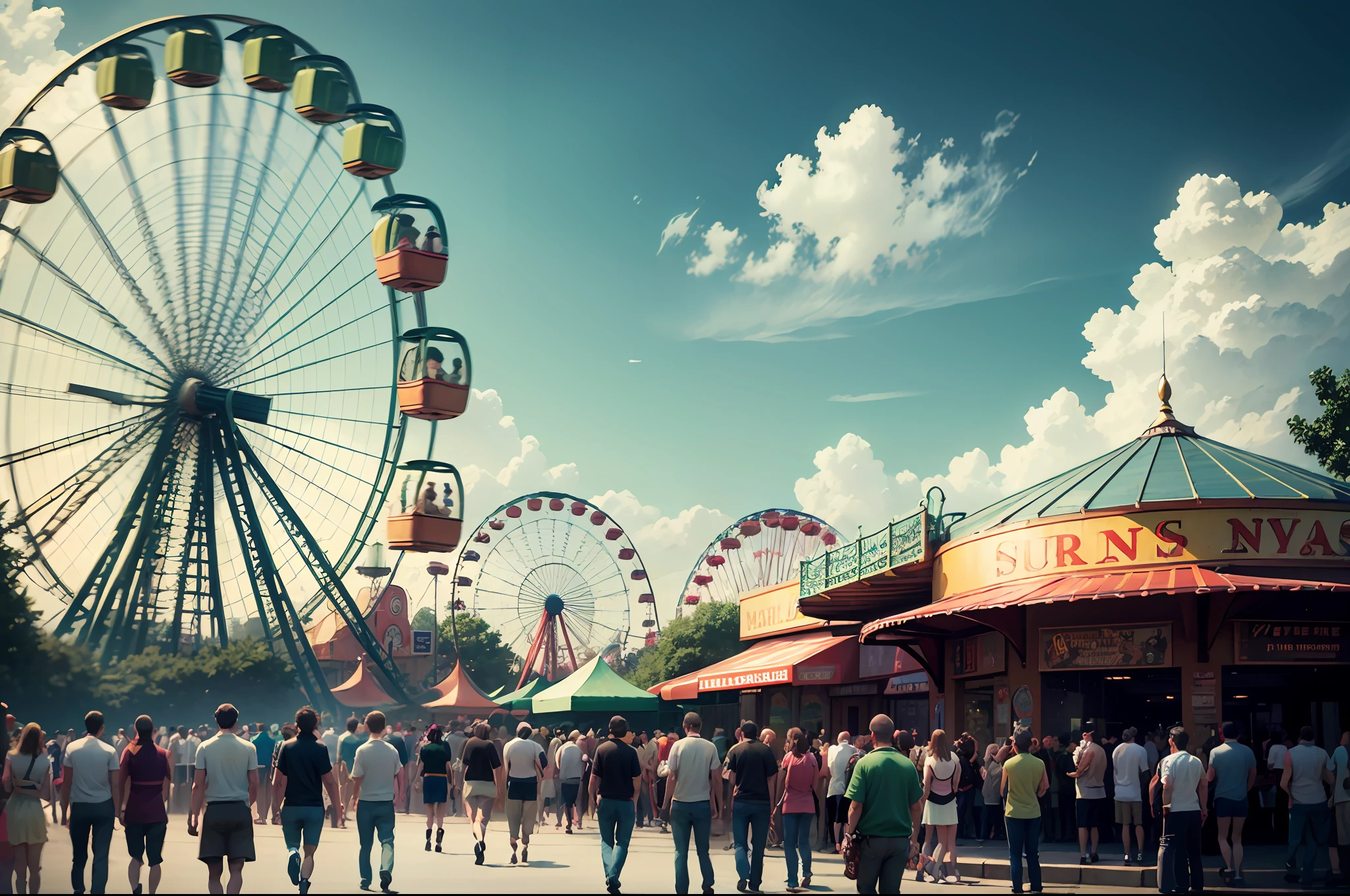 Lomography of a surrealist amusement them park with roller coasters, ferris wheel, food court and a haunted house --auto --s2