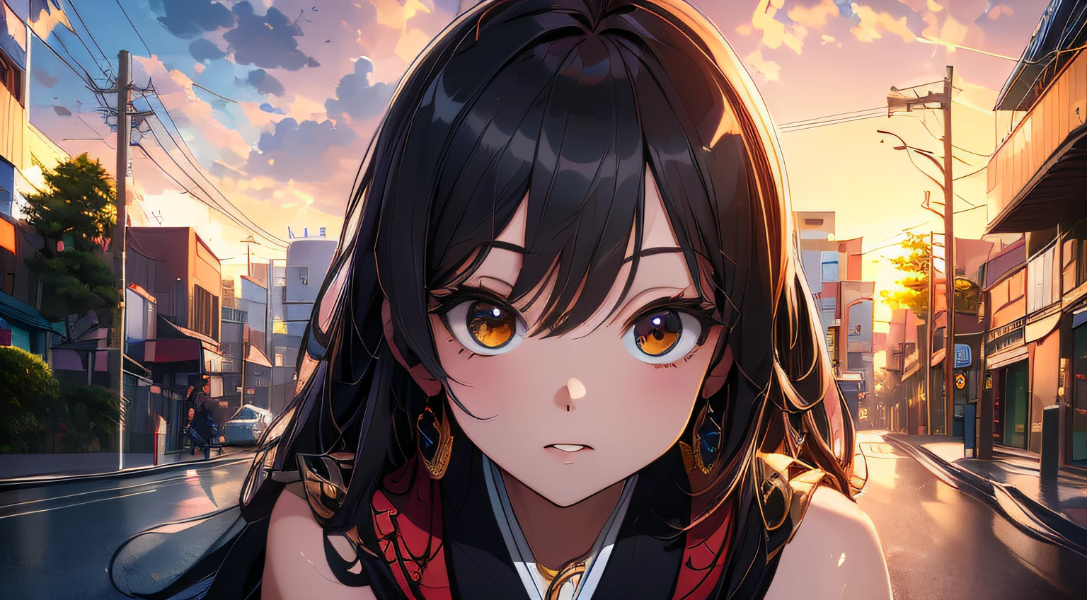 ((Masterpiece, Best Quality, Ultra Detail, Ultra High Resolution, Detailed Background)), (Ultra Wide Angle Lens), Japanese Street, Sunset, On the Street, Look Down, 1 Girl, Sideways, Look Lens, High Resolution, Ultra Detailed, Realistic Textures, Bold Textures, Crazy Textures,