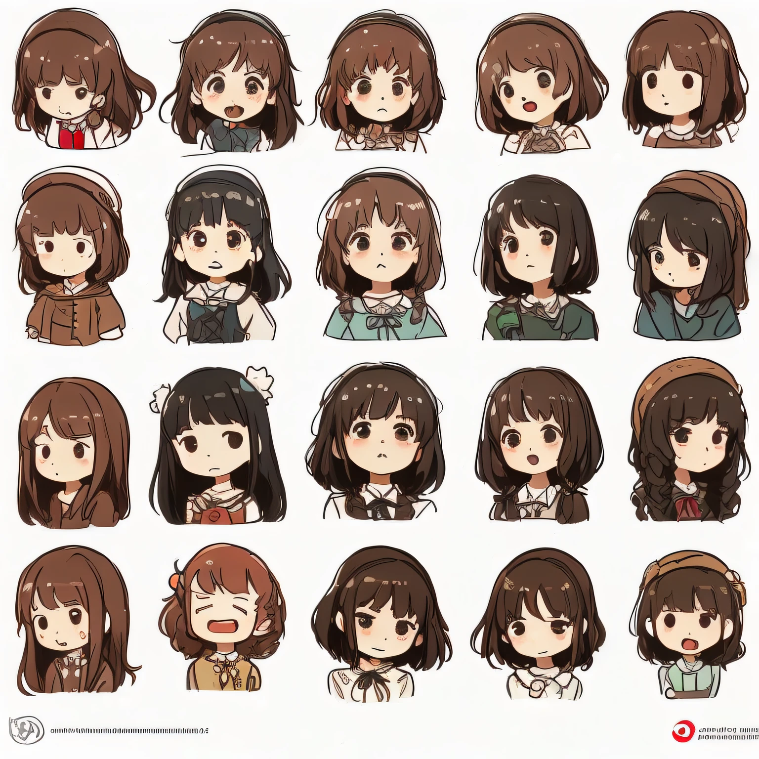 white background, character sheet, cute illustration, logo design, intricate details, ghibli style, lots of people, many angles, anger, joy, sadness, surprise, fun, affection, suffering masterpiece, high quality