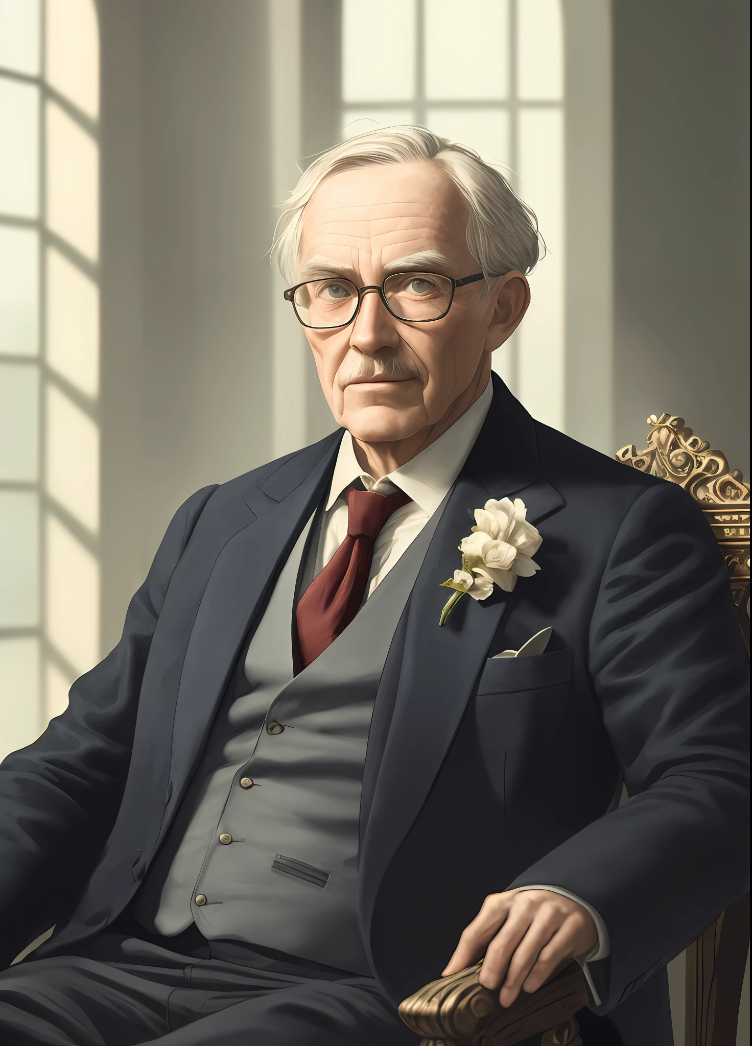 The 19th century, portrait of old shaven man with glasses and with a tie sitting on chair, sunny window, High quality photo, ultra high res, (photorealistic:1.4), classicism, cinema lighting, insanely detailed, hyper realistic, intricate design, fine details, octane render