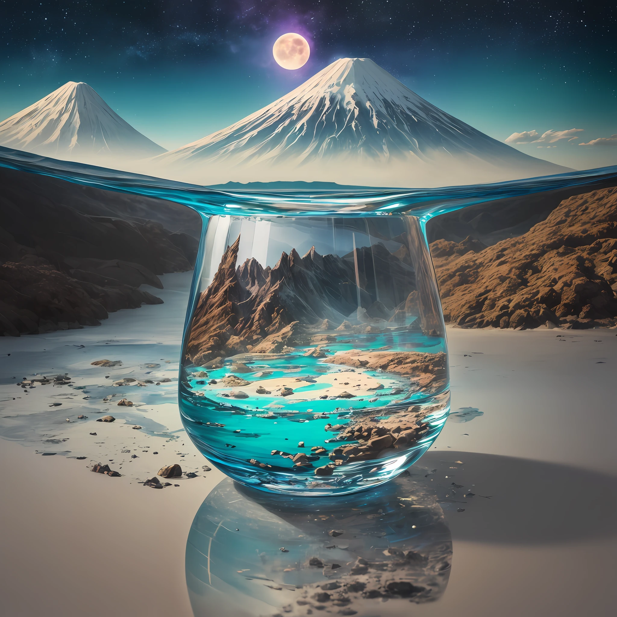 Three-dimensional computer graphics, Watercolor drawing, "Majestic mountains," "Hyper-realistic textures," Banksy, Liu Bolin, Ansel Adams, Yoshitaka Amano realistic fantasy, Extensive landscape ultrasound photography (general view showing a glass, inside the sea, sky, full moon, volcano, outside shards of glass, reflection of the starry sky, peach, jam), blurred background, cold, shade of turquoise, a little purple, airy color, magic, "Hyper-realistic textures,” “Precise details,” “Realistic still life,” “Realistic portraits,” “Realistic landscapes.”

--ar 3:2