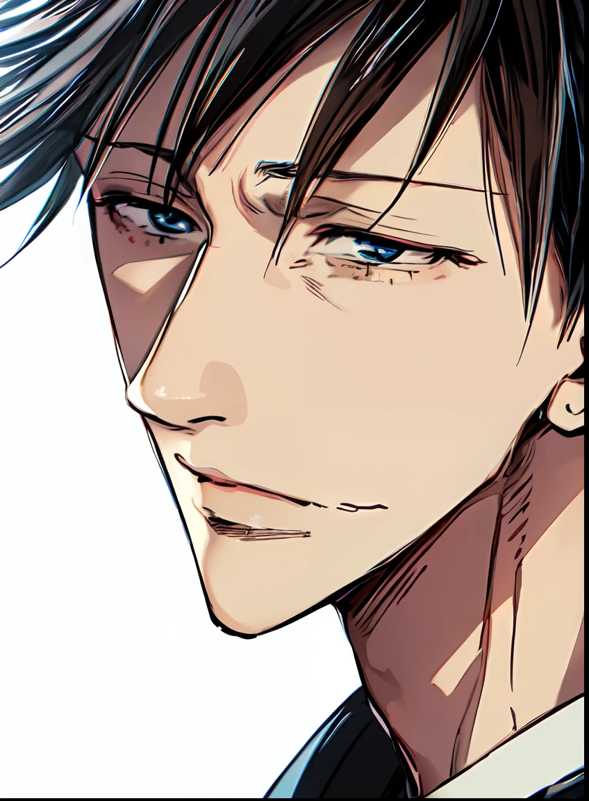 a anime of a man with a black hair, close up, blank stare, no hope, sad, black hait, color manga, manga color, color manga, color manga panel, simple background, a white background