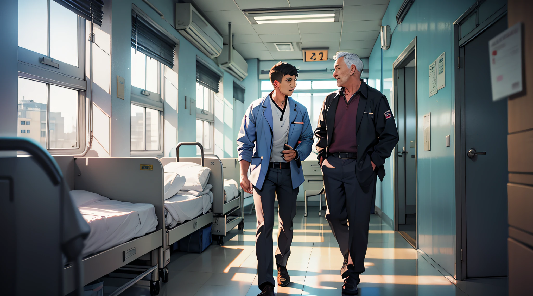 Three men chatting in a hospital ward