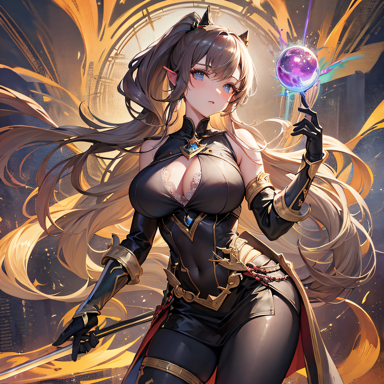 Peerless beauty, perfect slim body, mature royal sister face, long hair, curly hair, knight battle suit, sexy and seductive, beautiful face, full body portrait, standing pose, 4K picture quality, feminine expression, blush shyness, star-like deep eyes, huge breasts, short skirt, sword and magic. The bust is greatly large, fighting with Warcraft, speed lines, the best quality, masterpieces. Double ponytail