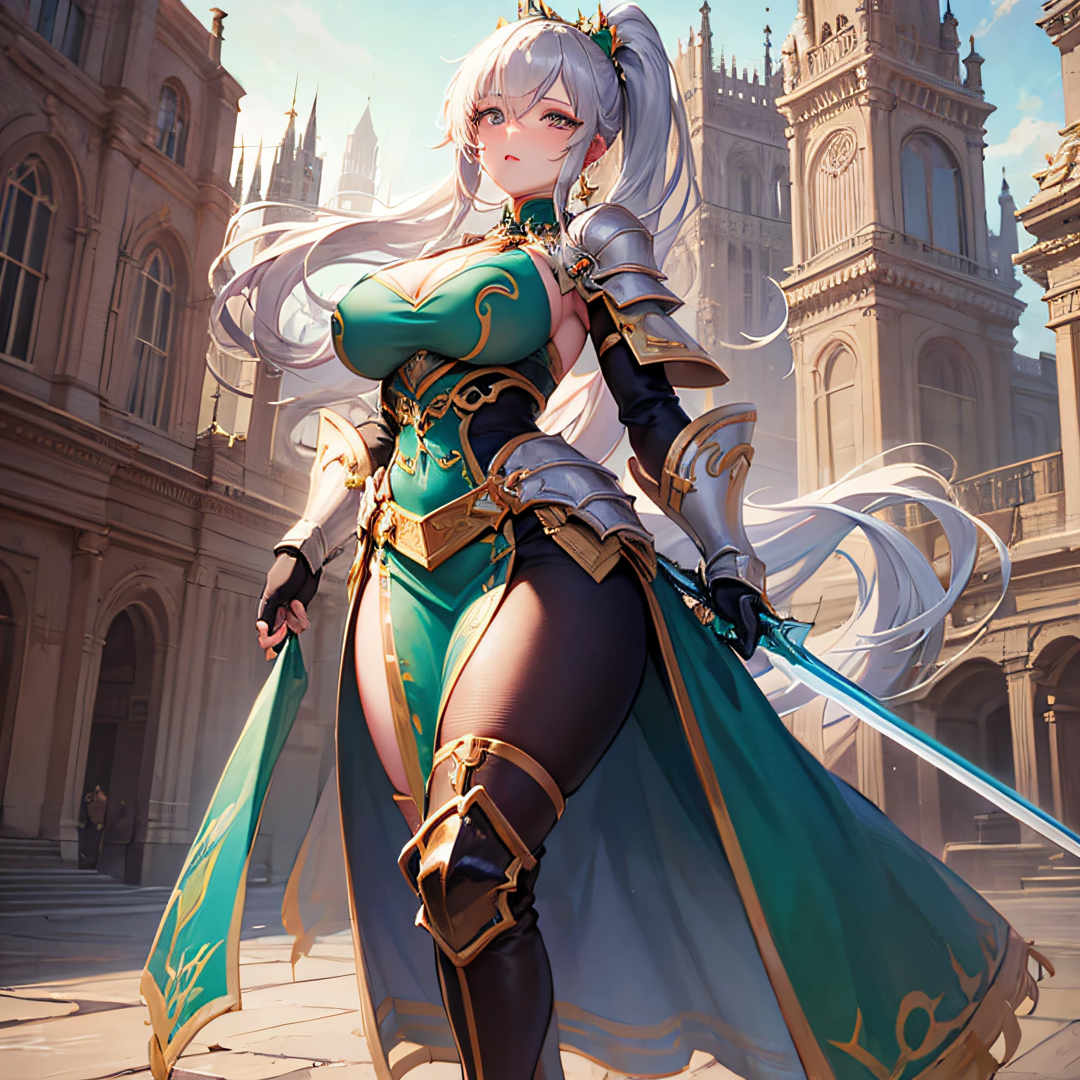 Peerless beauty, perfect slim body, mature royal sister face, long hair, curly hair, knight battle suit, sexy and seductive, beautiful face, full body portrait, standing pose, 4K picture quality, feminine expression, blush shyness, star-like deep eyes, huge breasts, short skirt, sword and magic. The bust is greatly large, fighting with Warcraft, speed lines, the best quality, masterpieces. Double ponytail