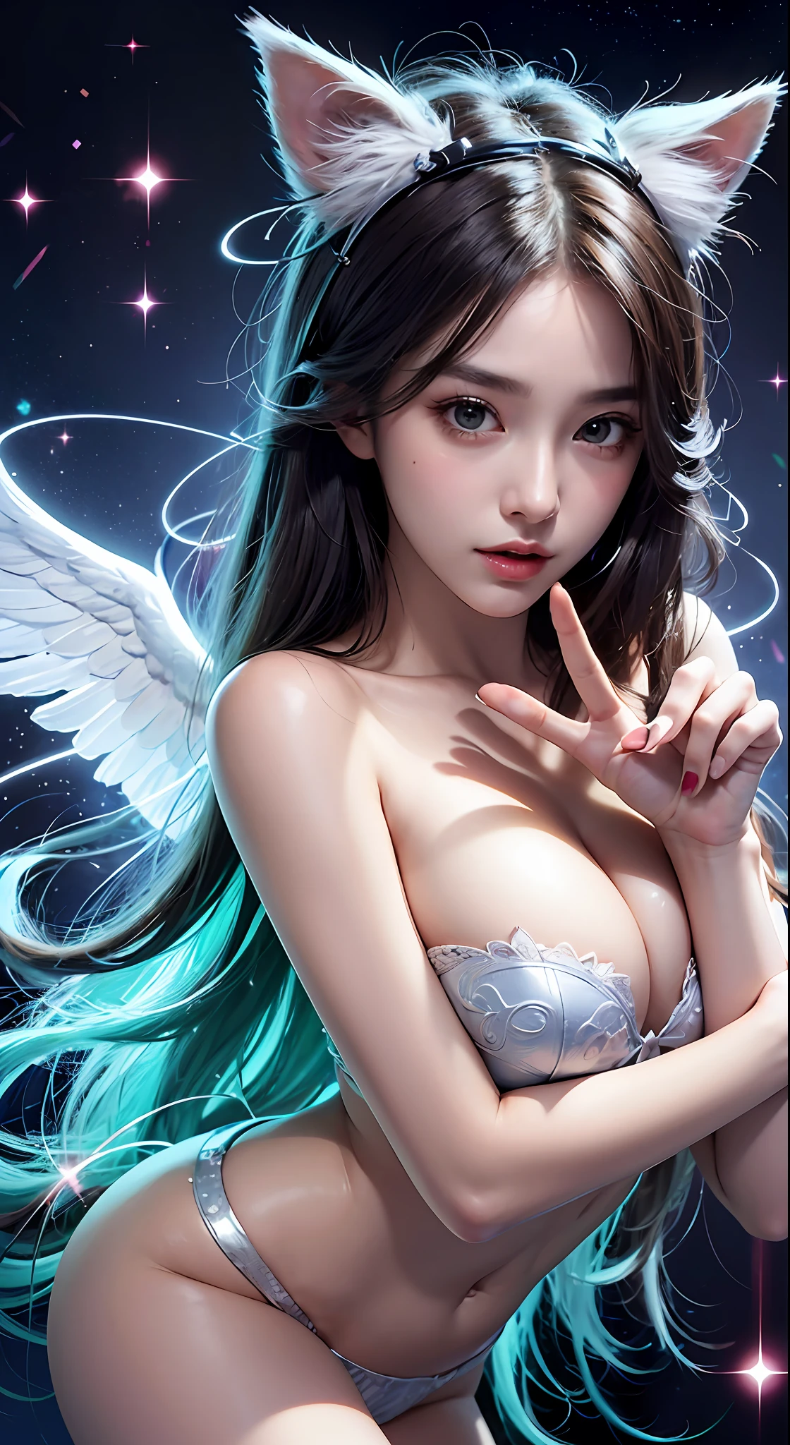 ((Masterpiece)), 1girl, super detailed face, hyper-realistic, (coquettish expression), anime cosplay, luminous cat ears, ((angelic face)), ((incredibly beautiful eyes)), green eyes, (full body), sailor moon boots, super sexy hair, (delicate and perfect hands), normal hands, super delicate and sexy body, sexy pose, ((ulzzang)), (super thin face), delicate features, ultra detailed, best quality, captivating beauty, sexy look, futuristic background, stars