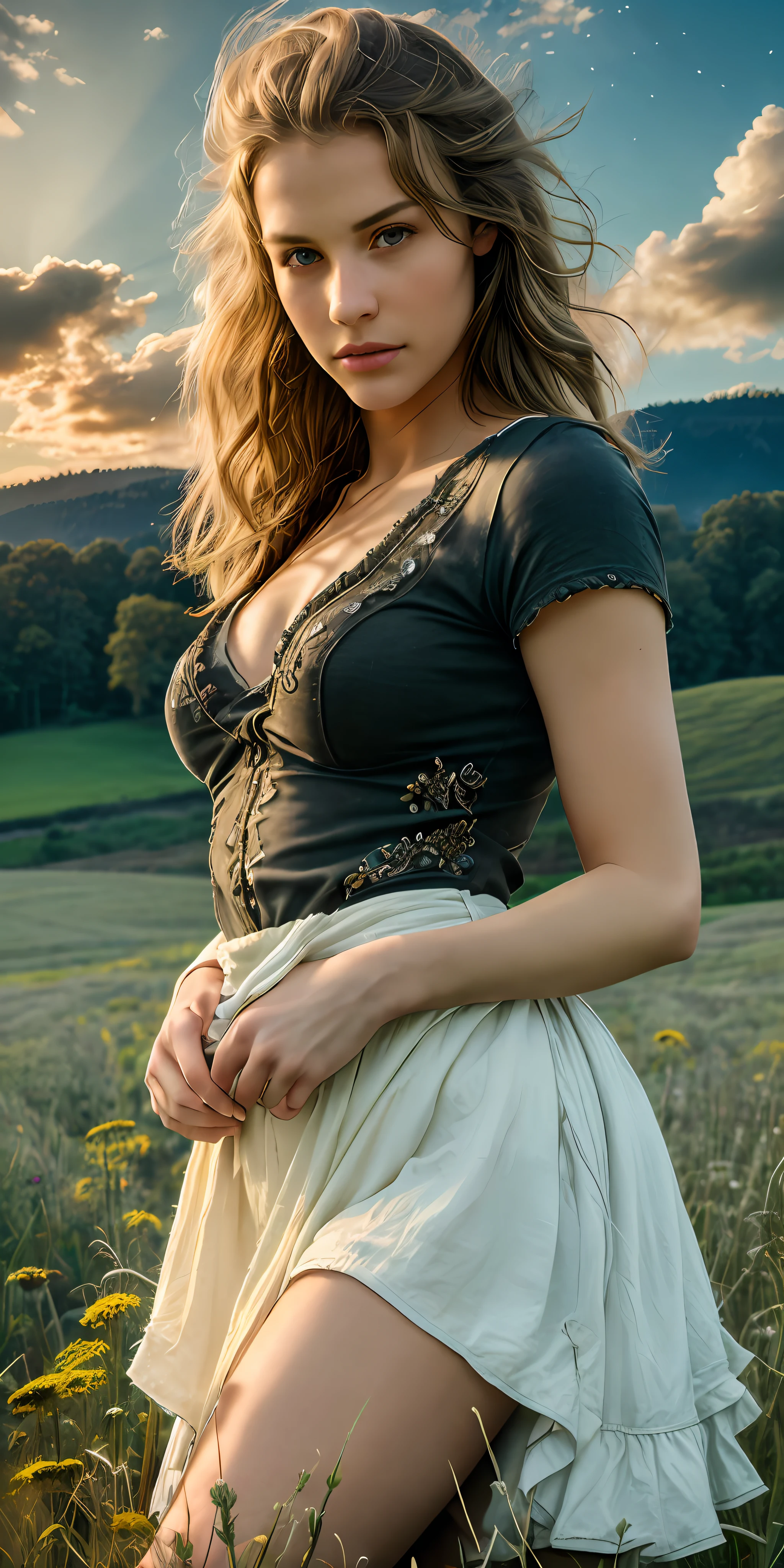 (realistic:1.3), finely detailed, quality, rembrandt lighting, (masterpiece:1.2), (photorealistic:1.2), (best quality), (detailed skin:1.3), (intricate details), dramatic, ray tracing, 1girl, american white girl, blonde hair, 21 years old, medium breasts, (Meadow, Sun, Clouds, Field, Farming, Starlight, Walking trail)